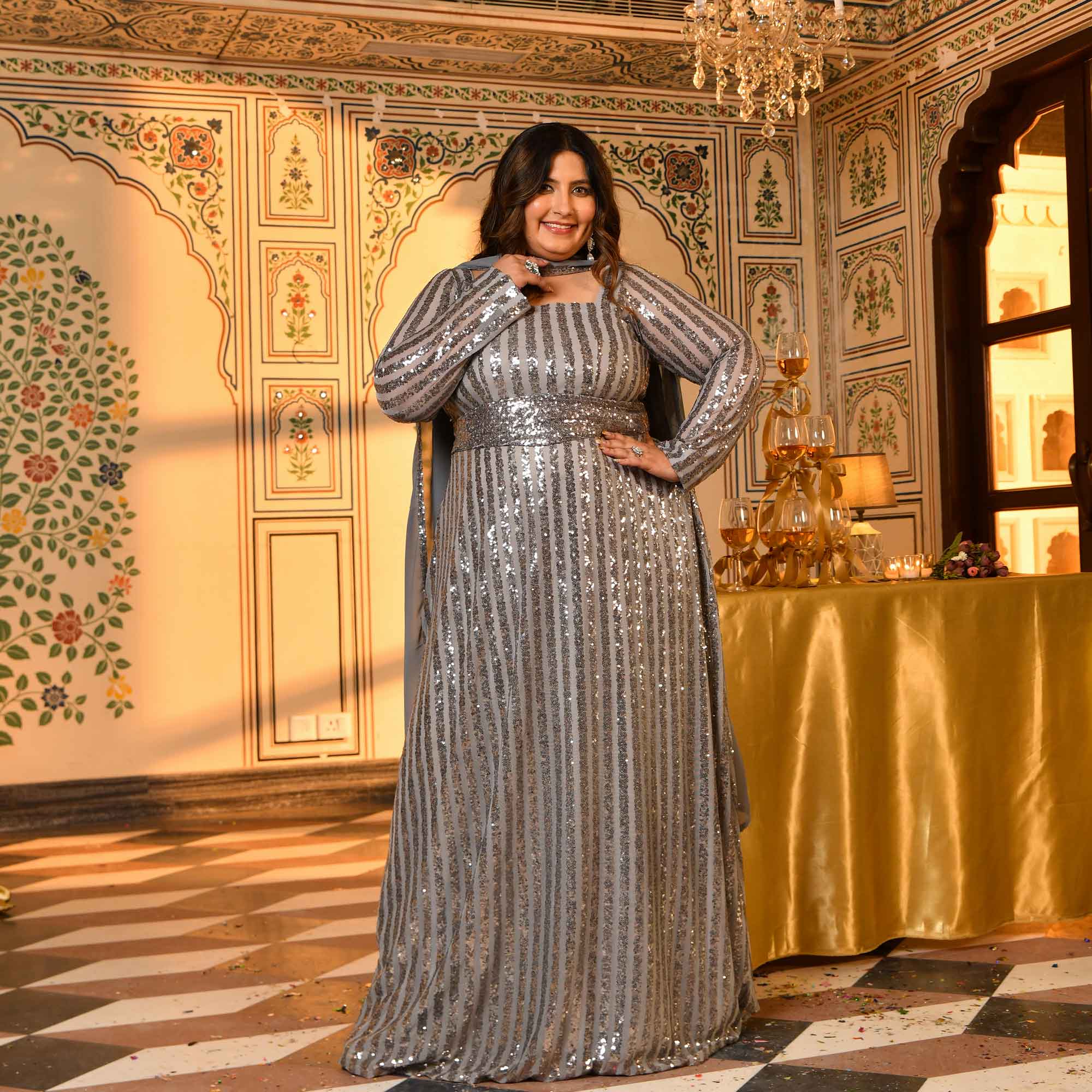 Gin- Metallic Grey Sequin Embellished Stretchable Long Dress with Stole