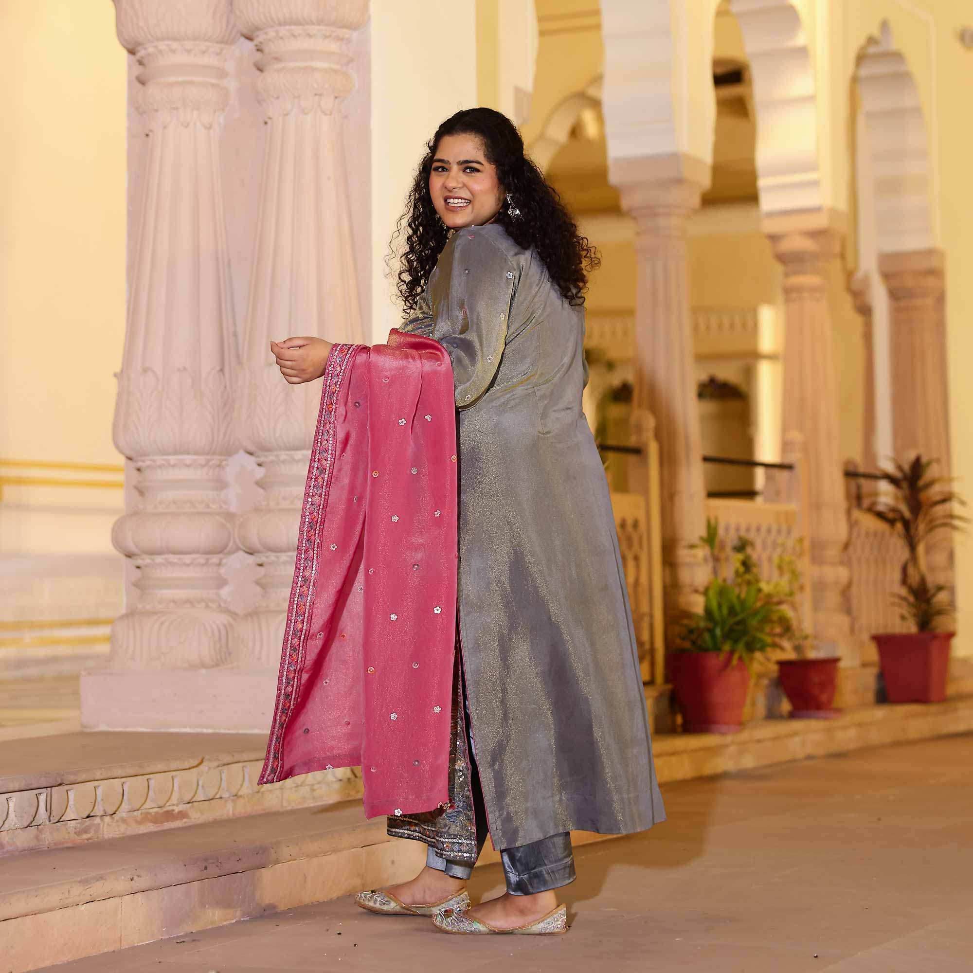 Grey Grace & Rose Sequin Embroidered Tissue Silk Kurta