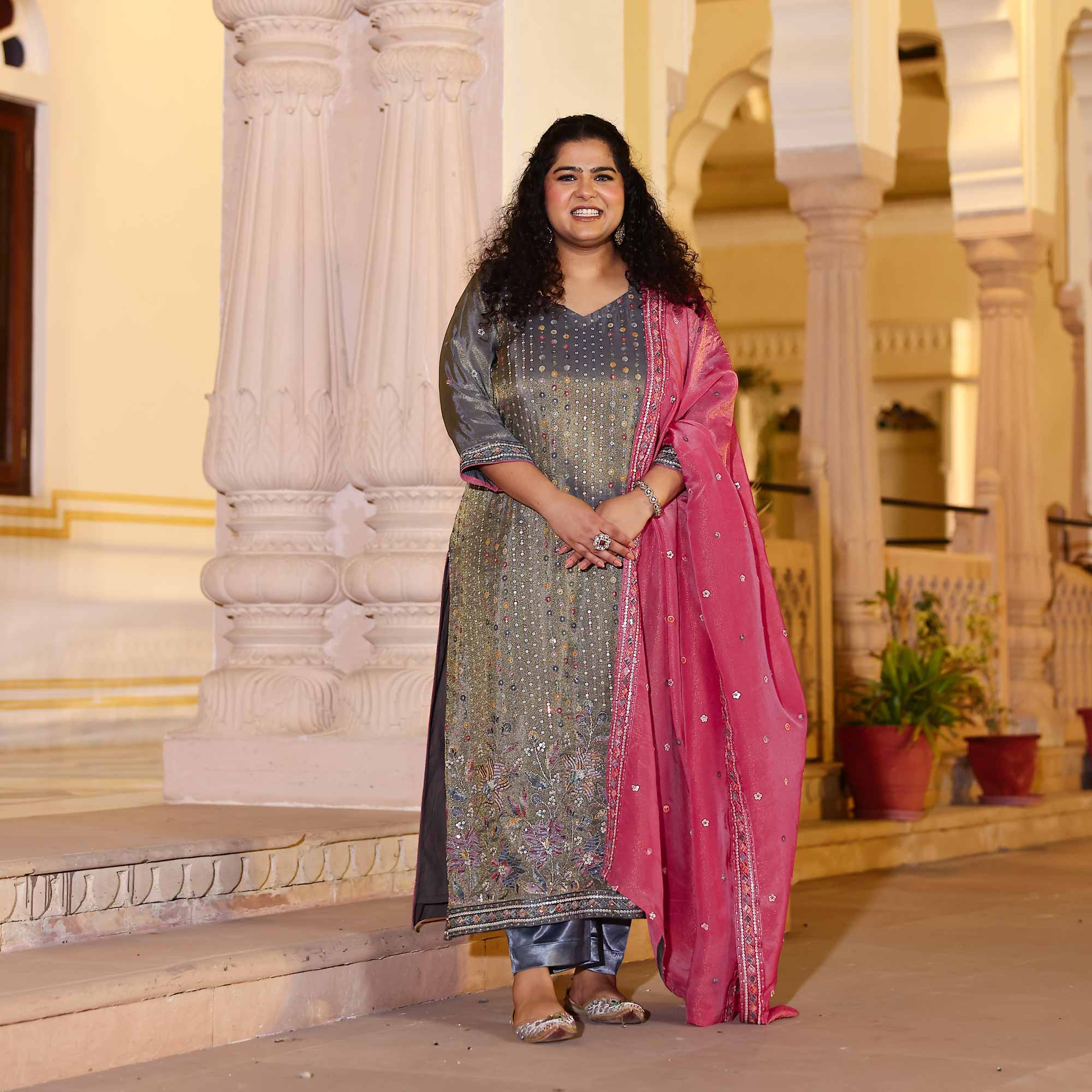 Grey Grace & Rose Sequin Embroidered Tissue Silk Kurta