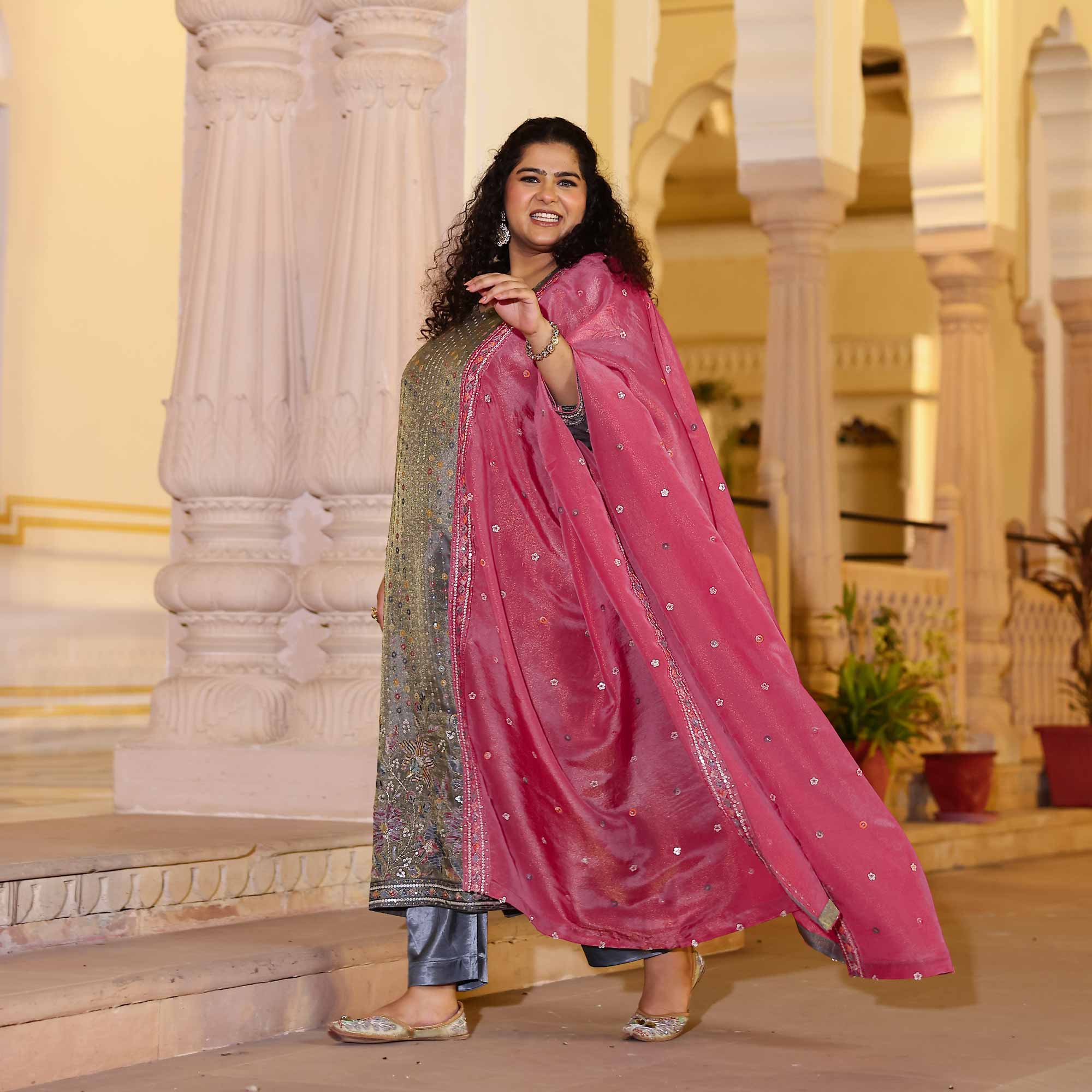 Grey Grace & Rose Sequin Embroidered Tissue Silk Kurta