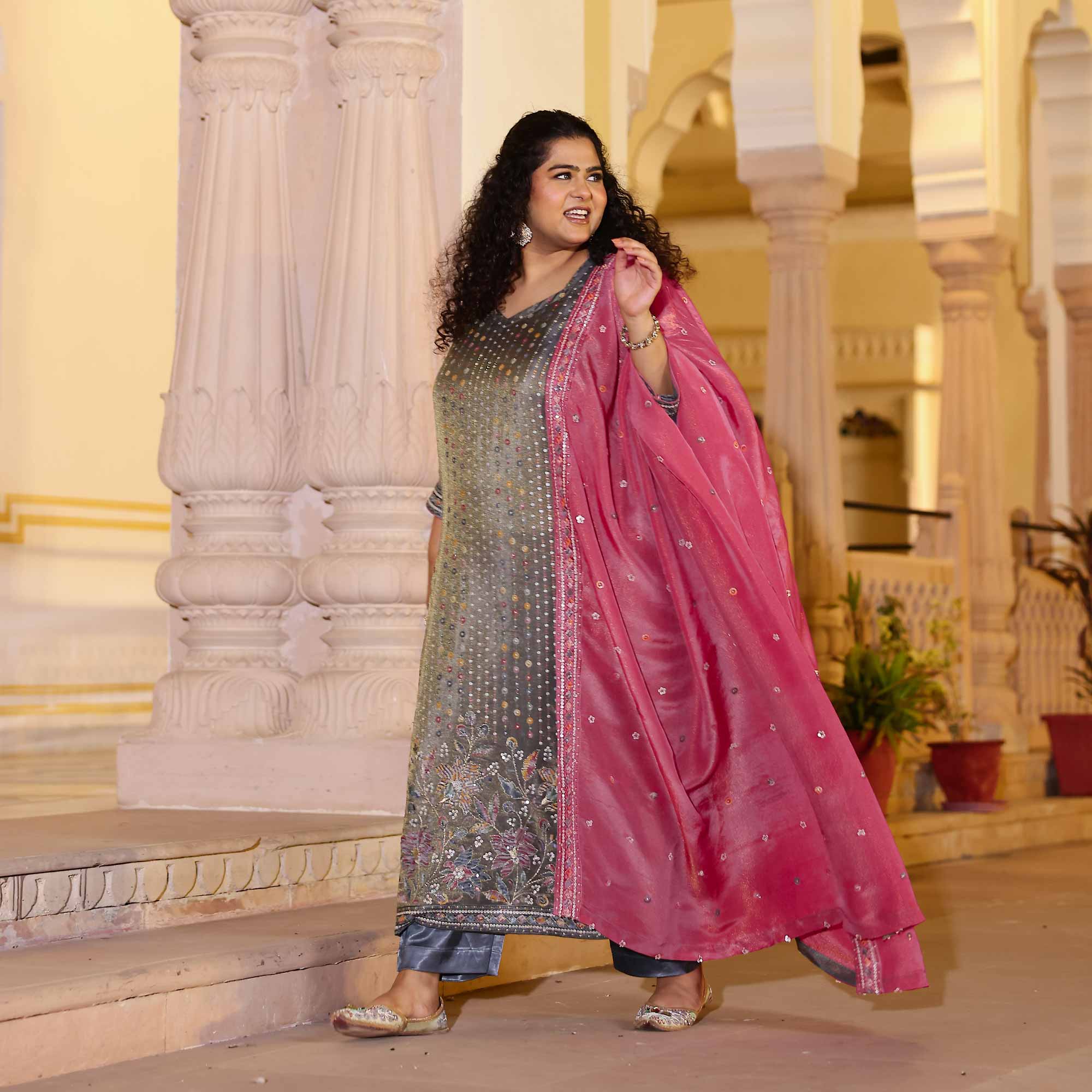 Grey Grace & Rose Sequin Embroidered Tissue Silk Kurta