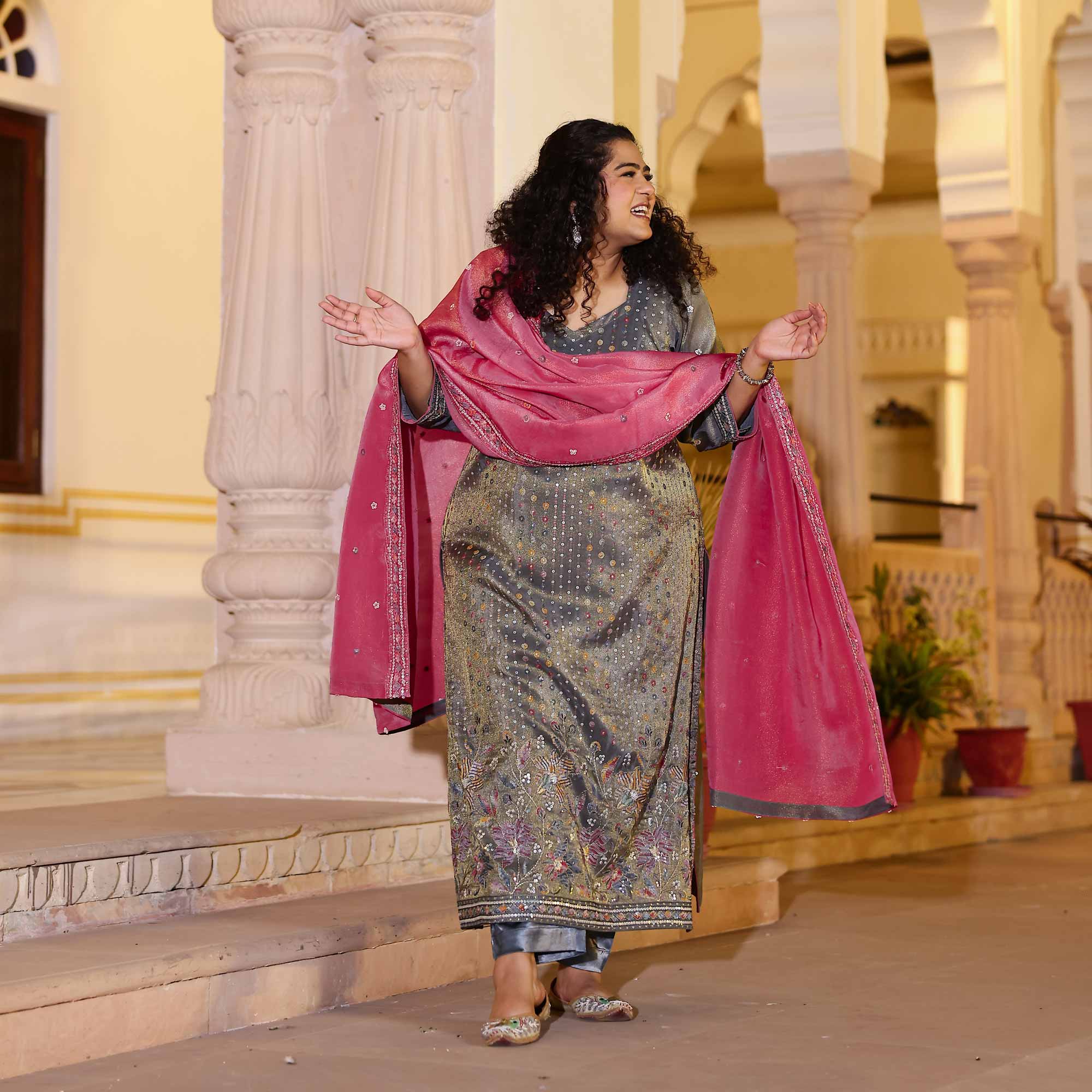 Grey Grace & Rose Sequin Embroidered Tissue Silk Kurta