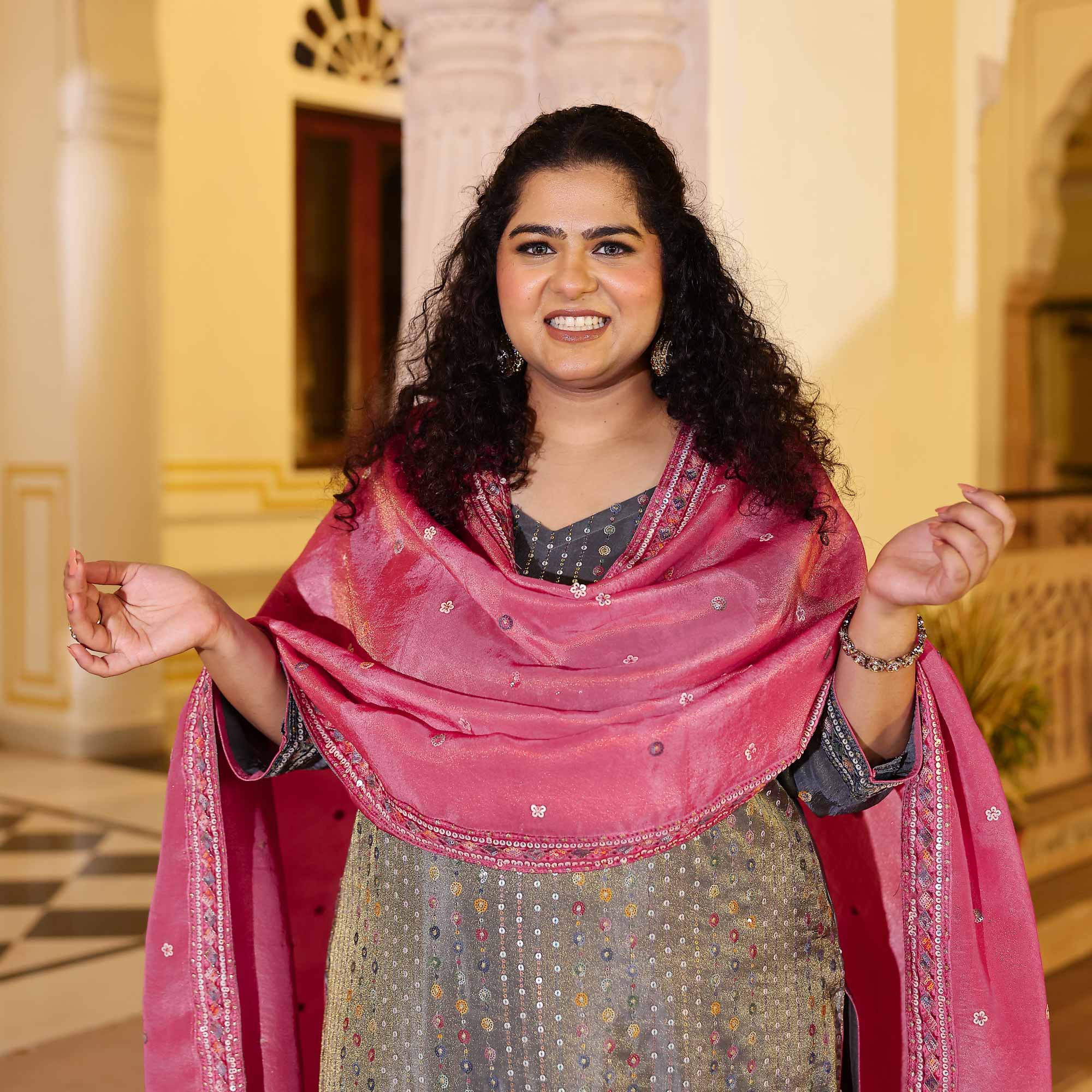 Grey Grace & Rose Sequin Embroidered Tissue Silk Kurta