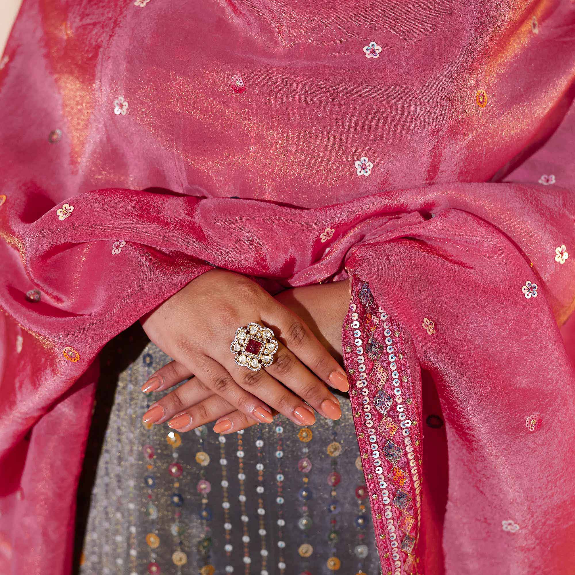 Grey Grace & Rose Sequin Embroidered Tissue Silk Kurta