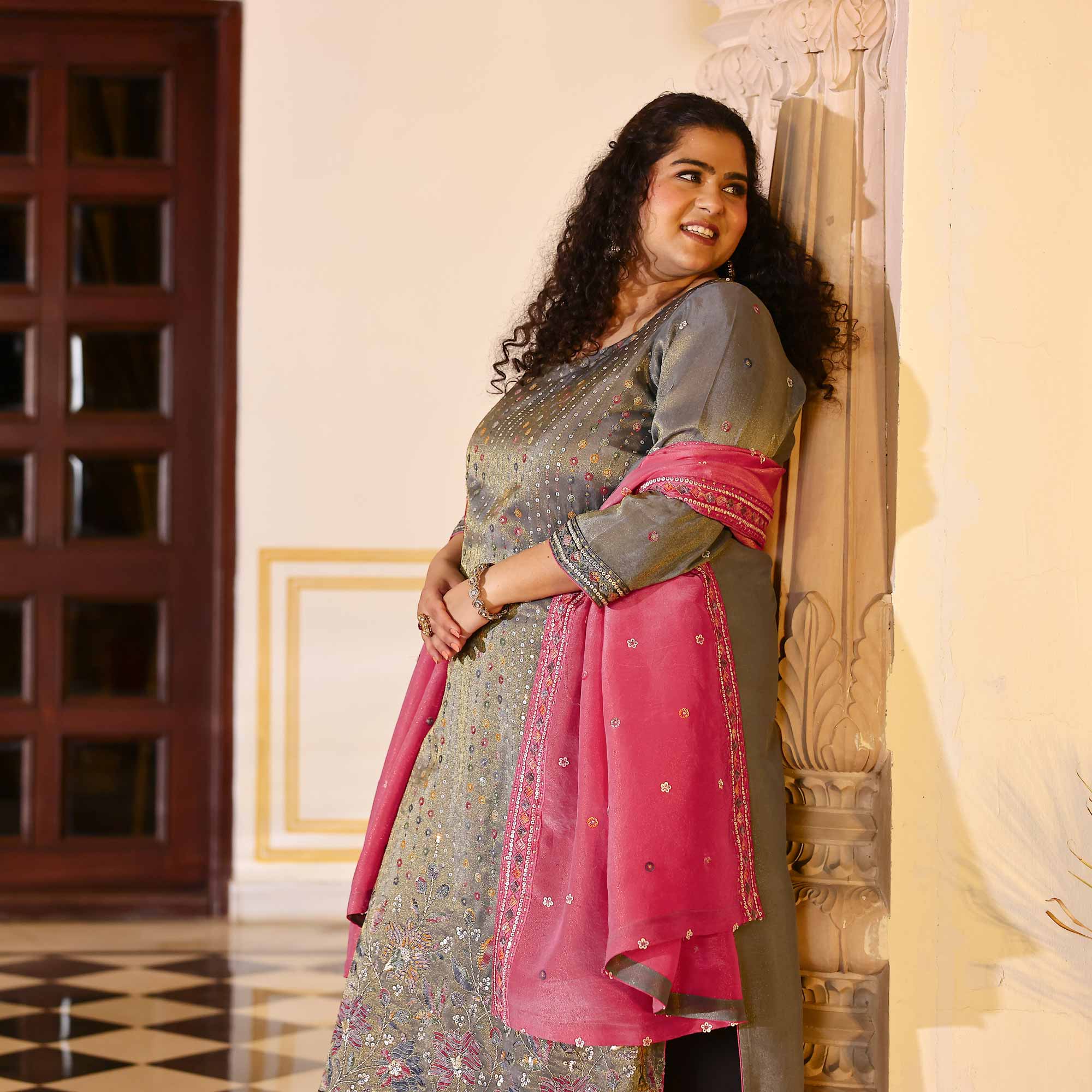 Grey Grace & Rose Sequin Embroidered Tissue Silk Kurta