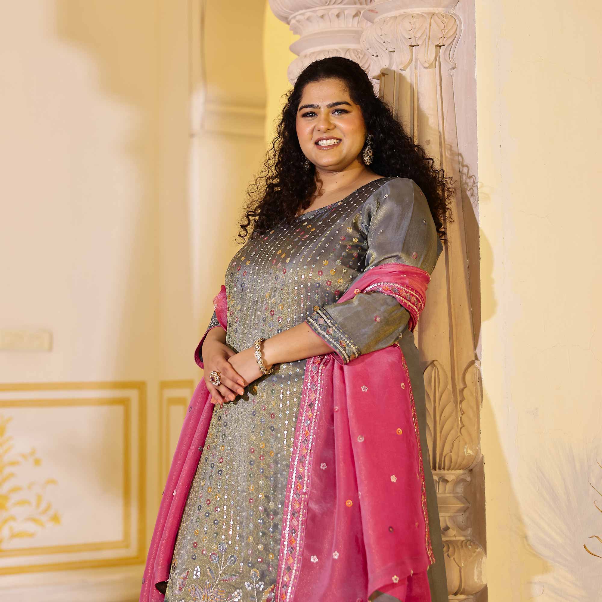 Grey Grace & Rose Sequin Embroidered Tissue Silk Kurta