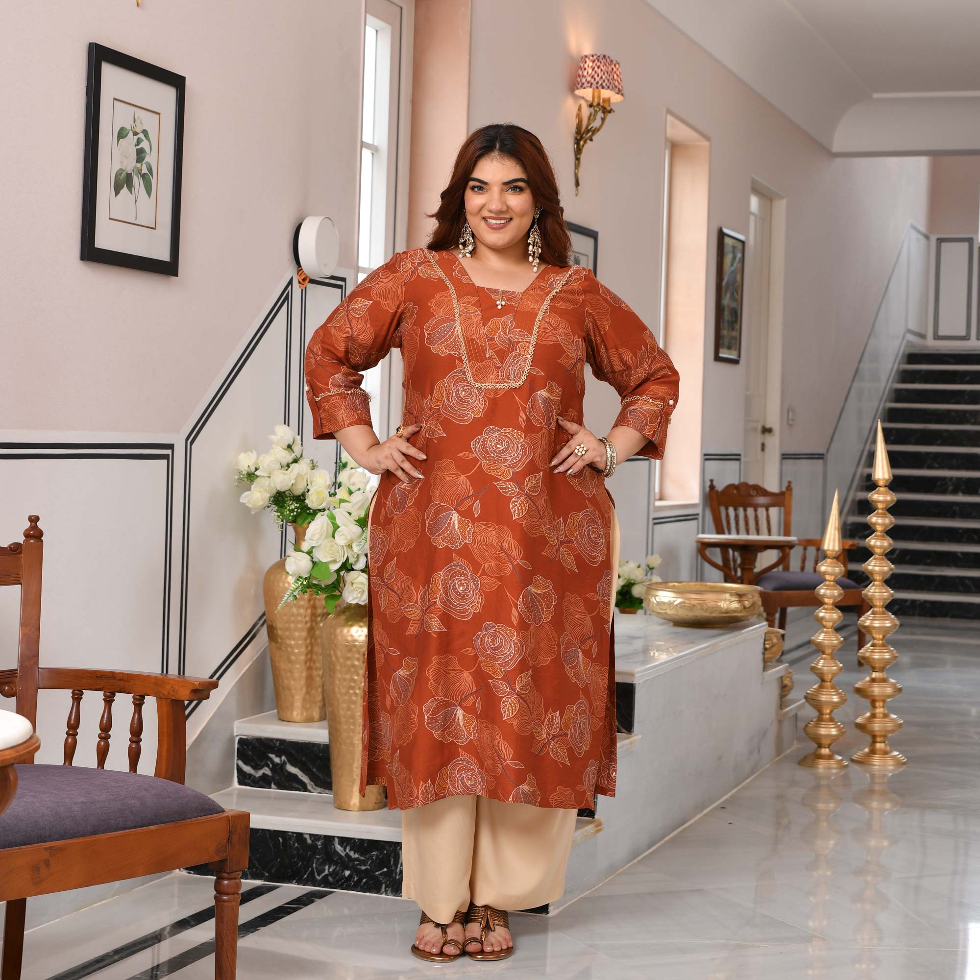 Gunjan- Burnt Orange Floral Printed Viscose Kurta