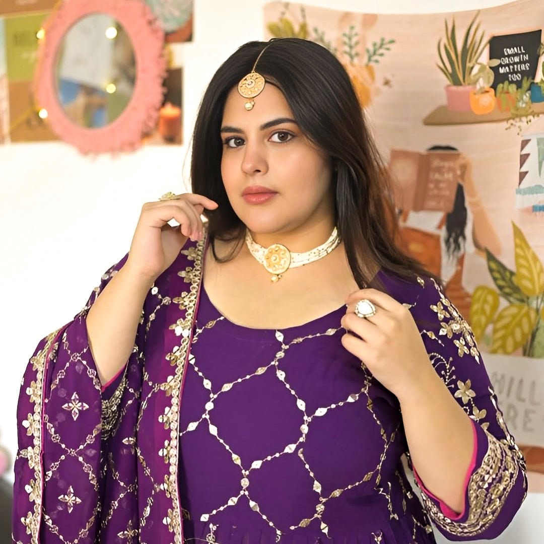 Jugnu - Purple Sequin Embroidery Pure Georgette Anarkali Lehenga Set