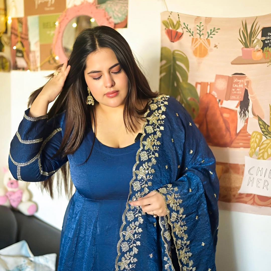 Khwaab - Dreamy Prussian Blue viscose tissue sequin embroidered Anarkali set