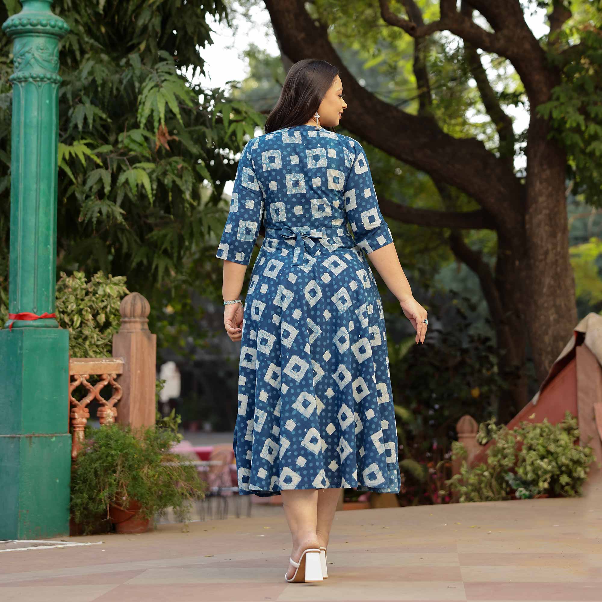 Indigo Illusion Handblock Printed Aline Cotton Dress