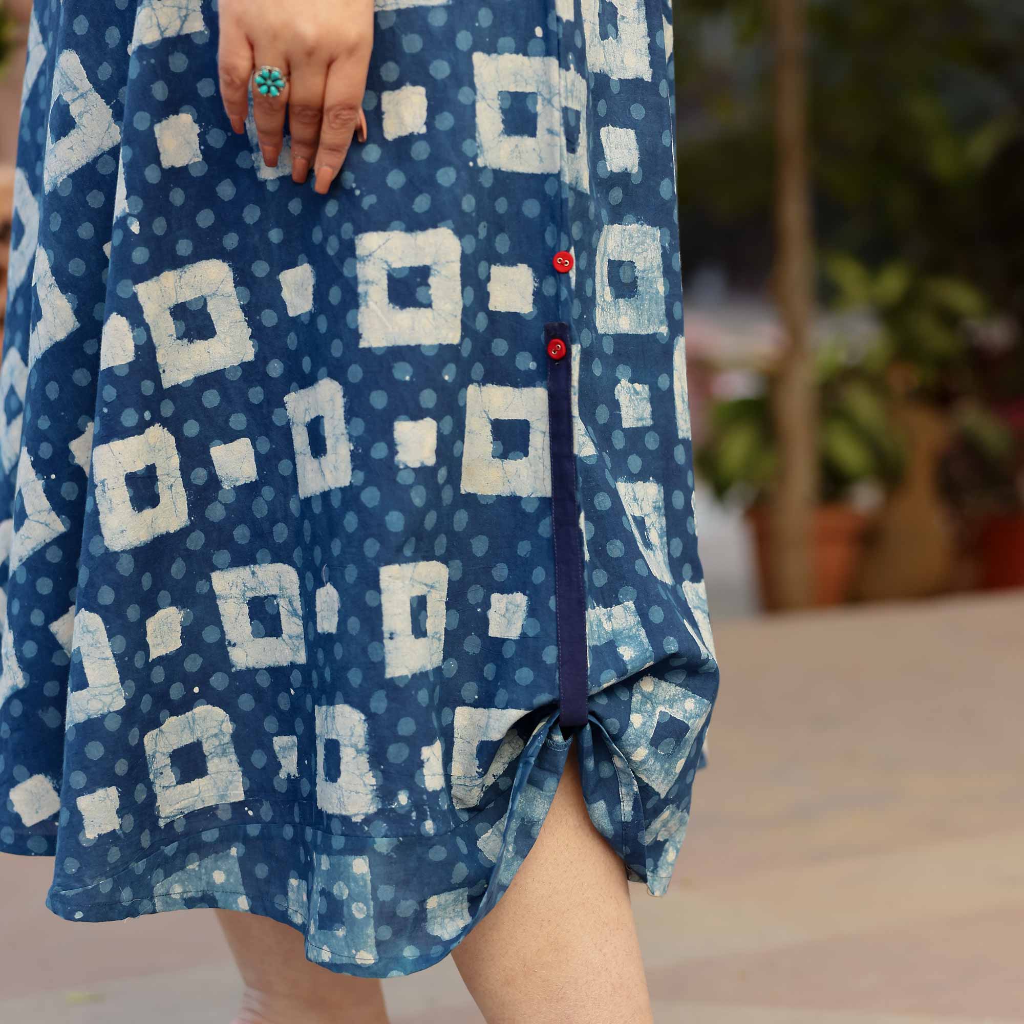 Indigo Illusion Handblock Printed Aline Cotton Dress