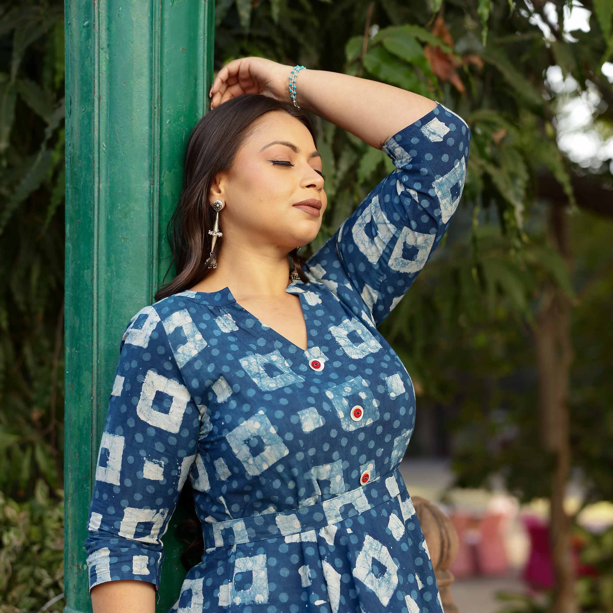 Indigo Illusion Handblock Printed Aline Cotton Dress