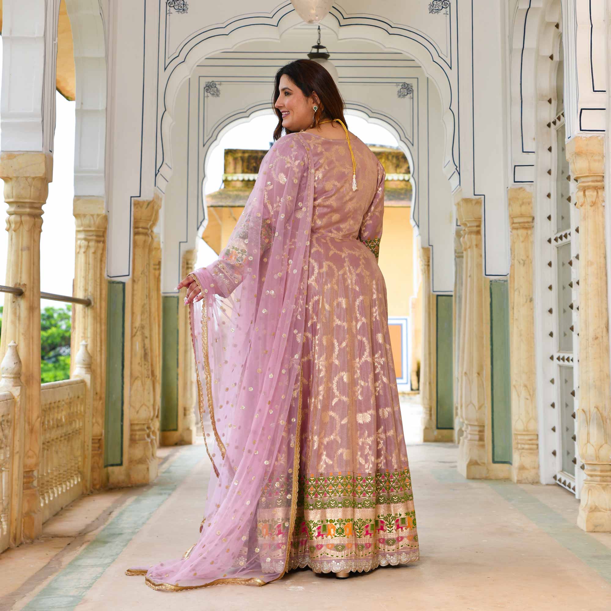 Meher-Lilac Banarasi Tissue Silk Embroidered Anarkali Set