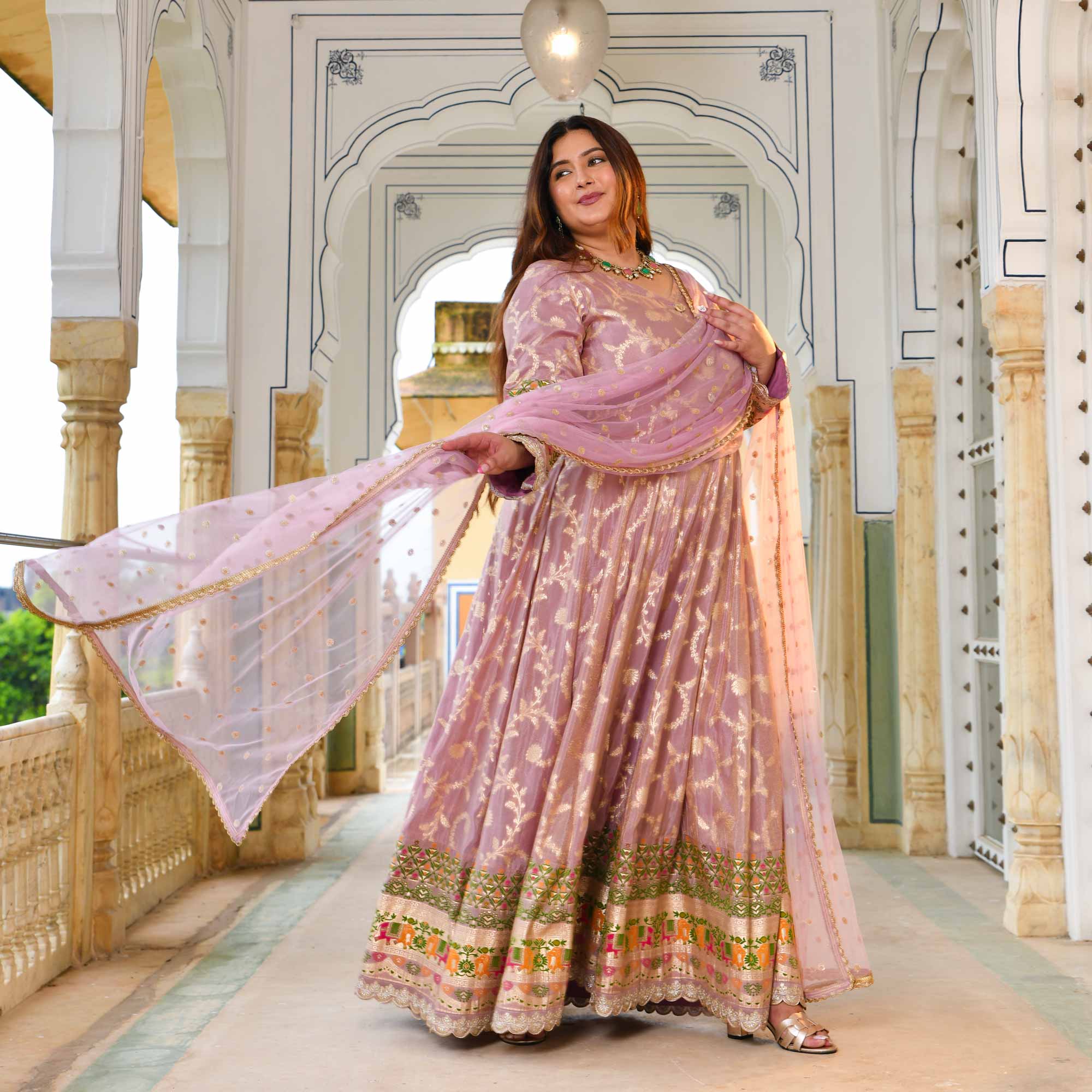Meher-Lilac Banarasi Tissue Silk Embroidered Anarkali Set