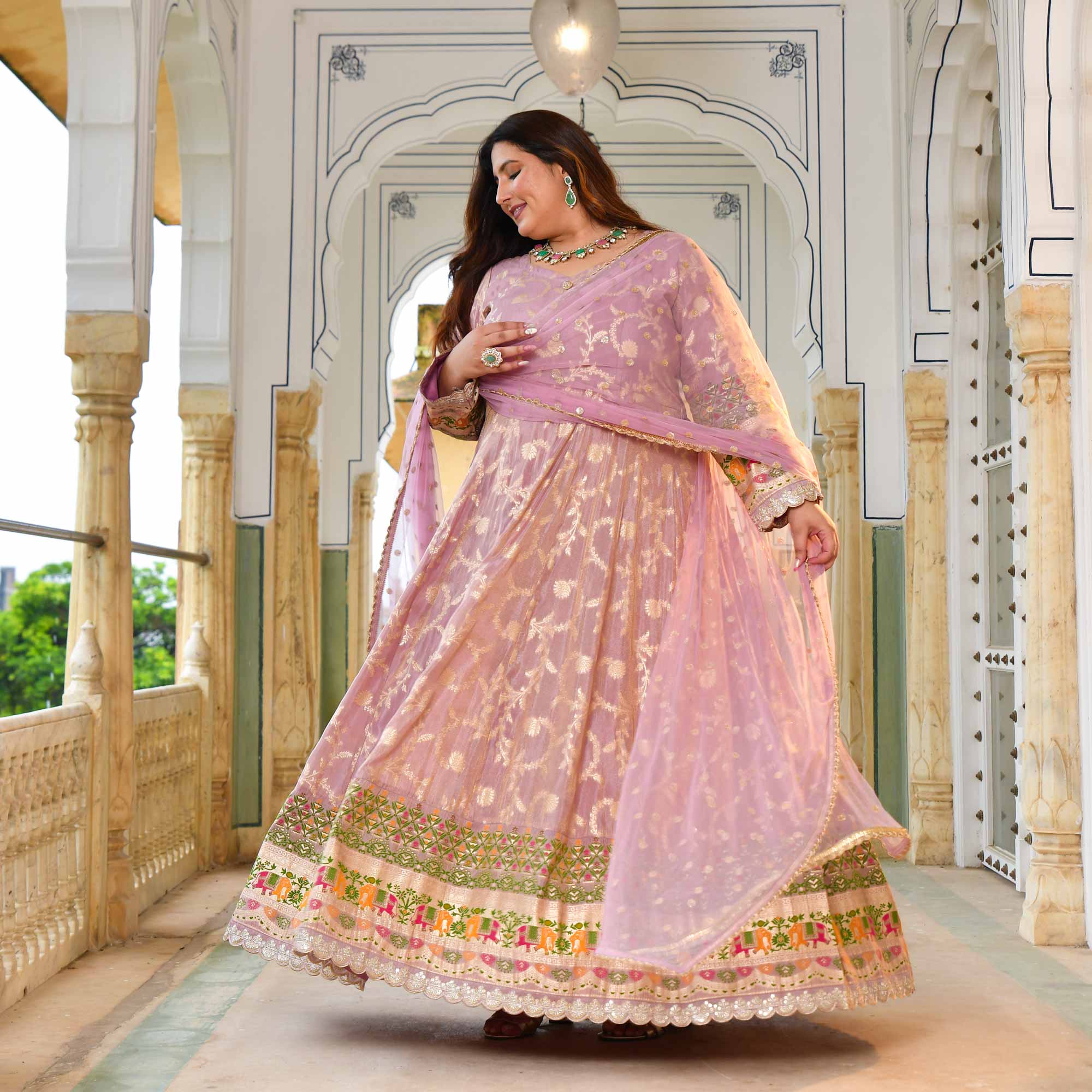 Meher-Lilac Banarasi Tissue Silk Embroidered Anarkali Set