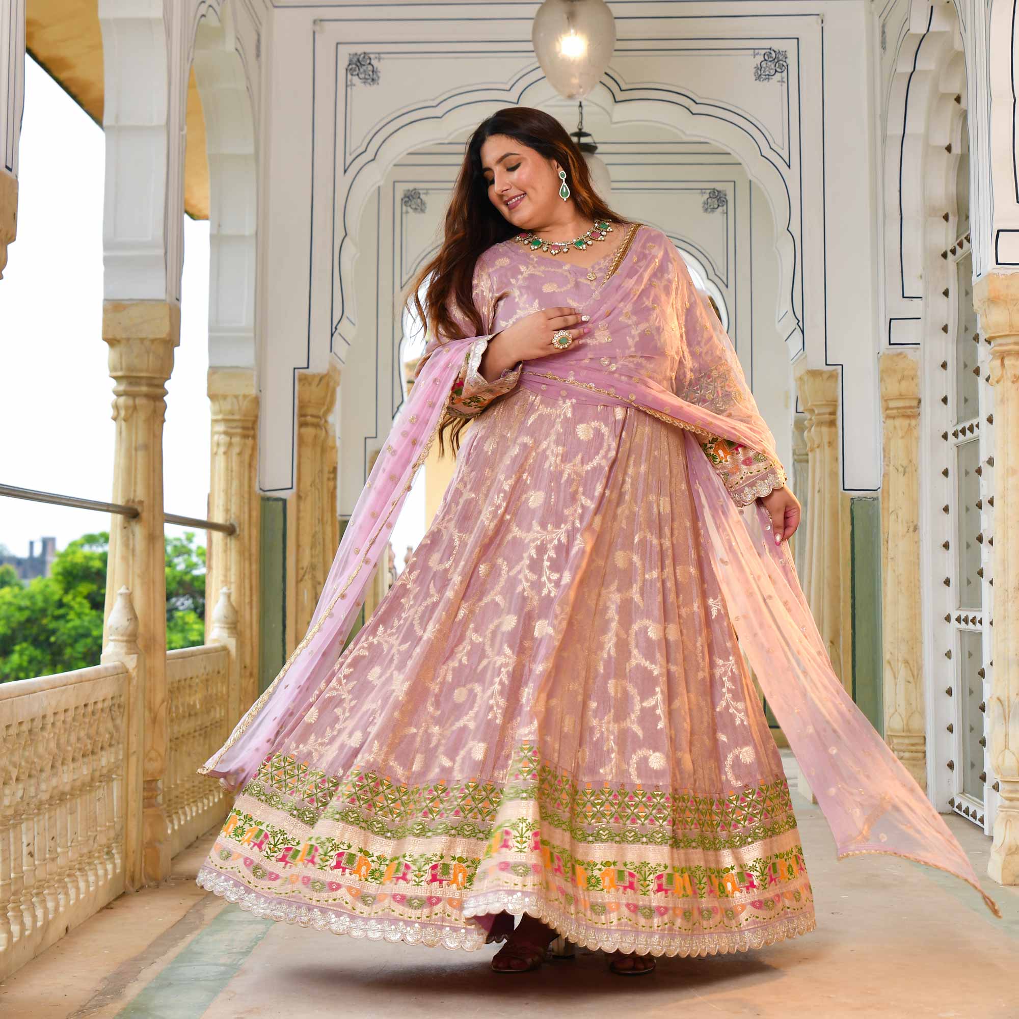 Meher-Lilac Banarasi Tissue Silk Embroidered Anarkali Set