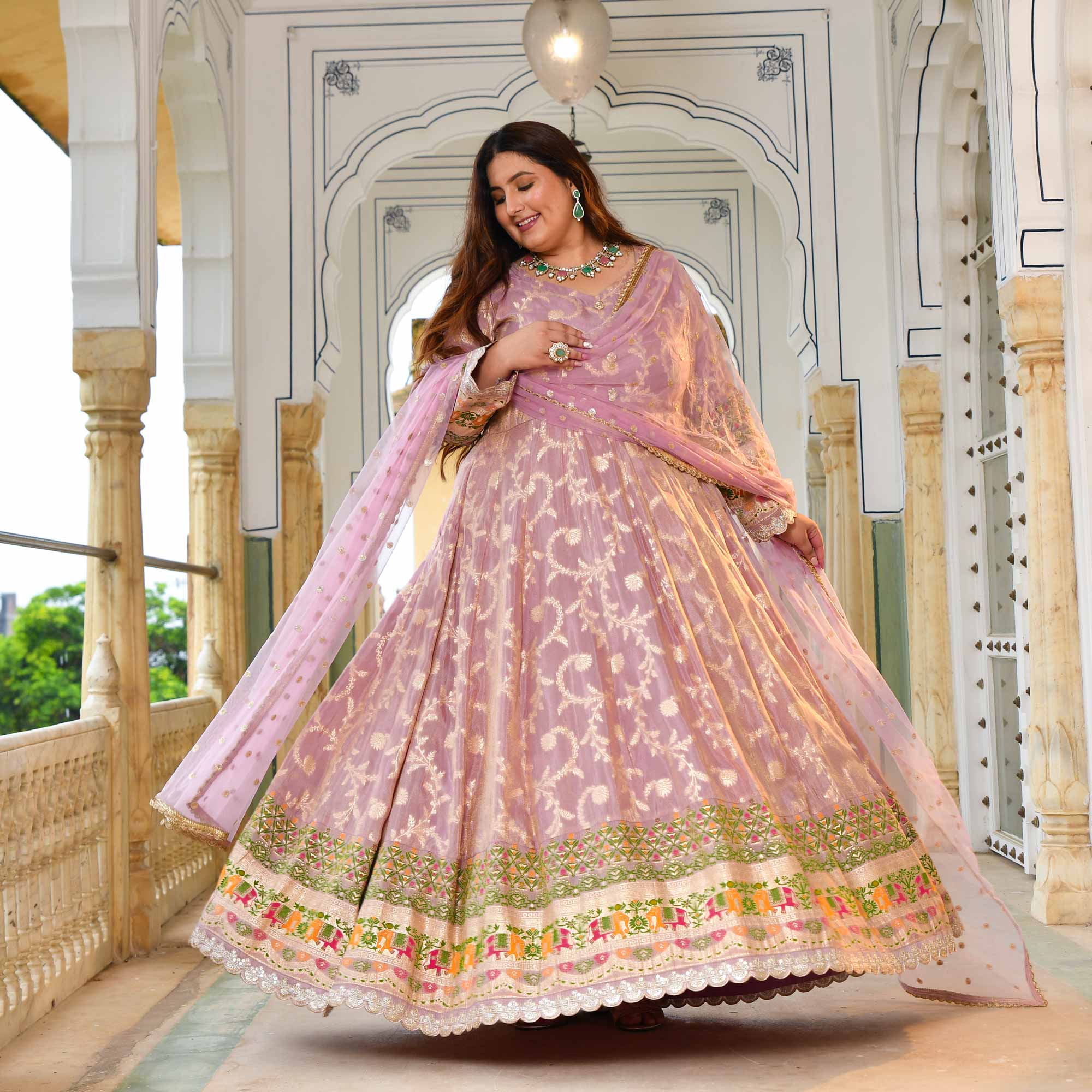 Meher-Lilac Banarasi Tissue Silk Embroidered Anarkali Set