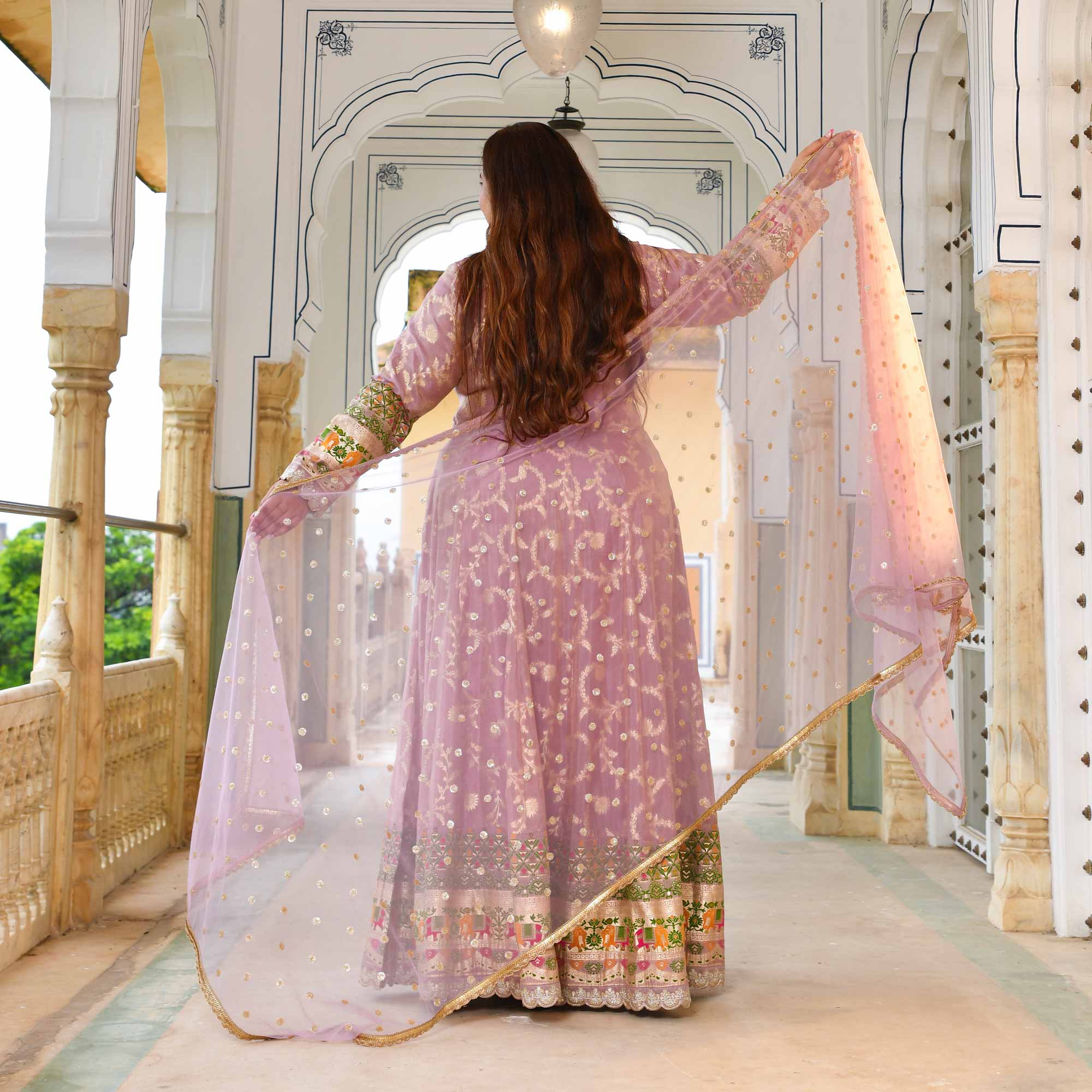 Meher-Lilac Banarasi Tissue Silk Embroidered Anarkali Set