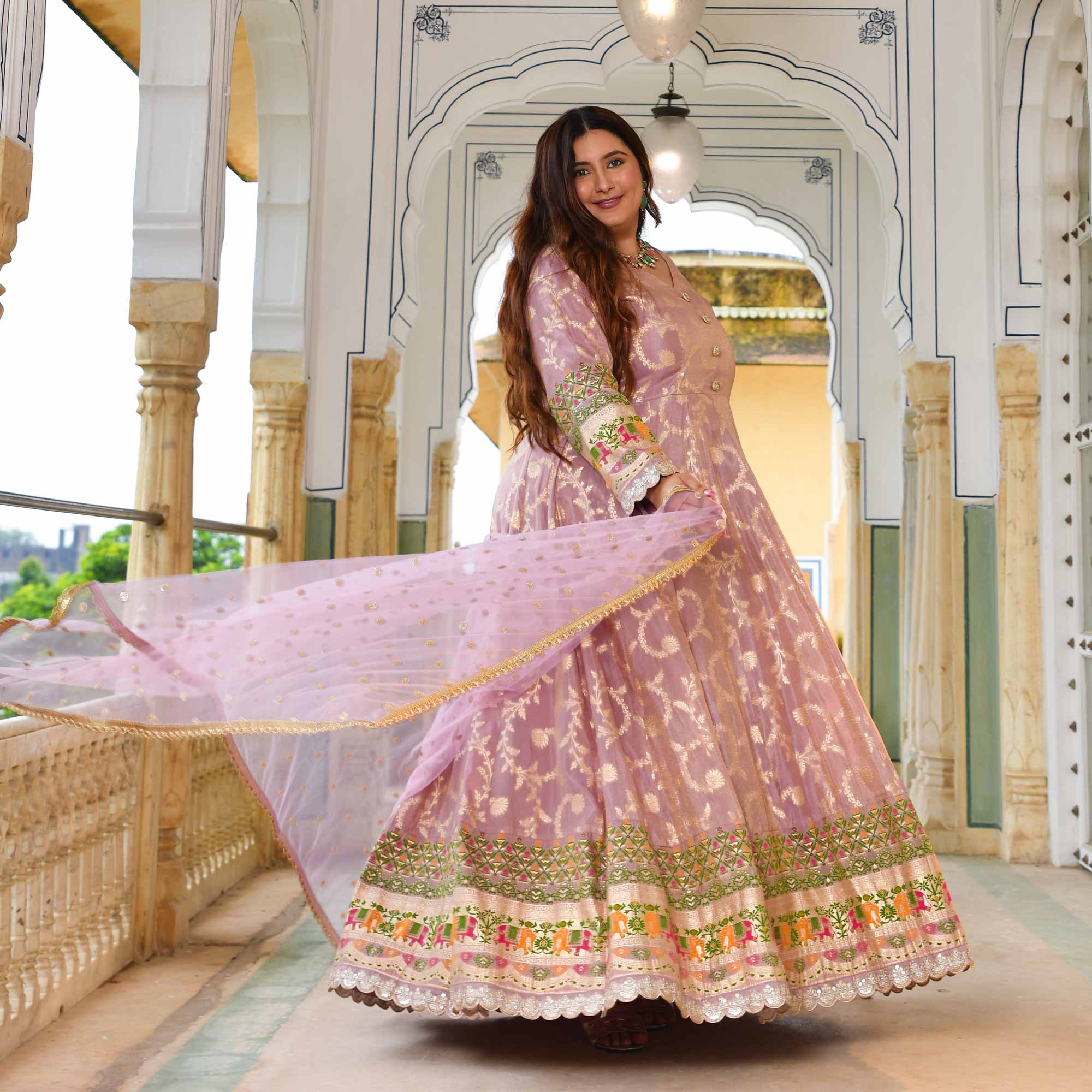 Meher-Lilac Banarasi Tissue Silk Embroidered Anarkali Set