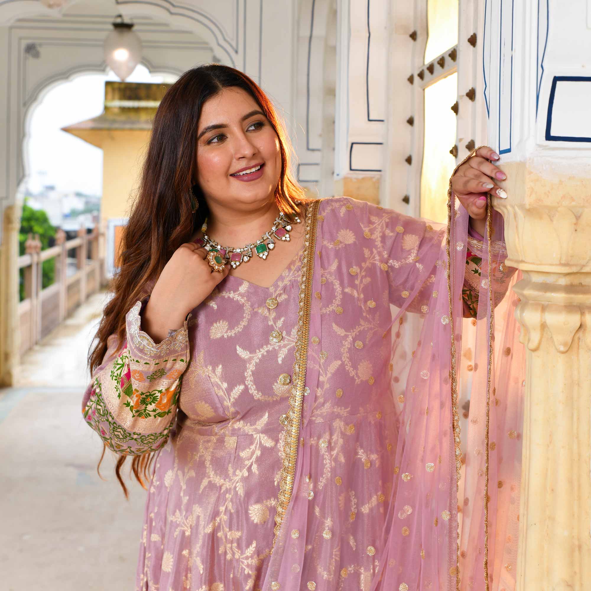 Meher-Lilac Banarasi Tissue Silk Embroidered Anarkali Set