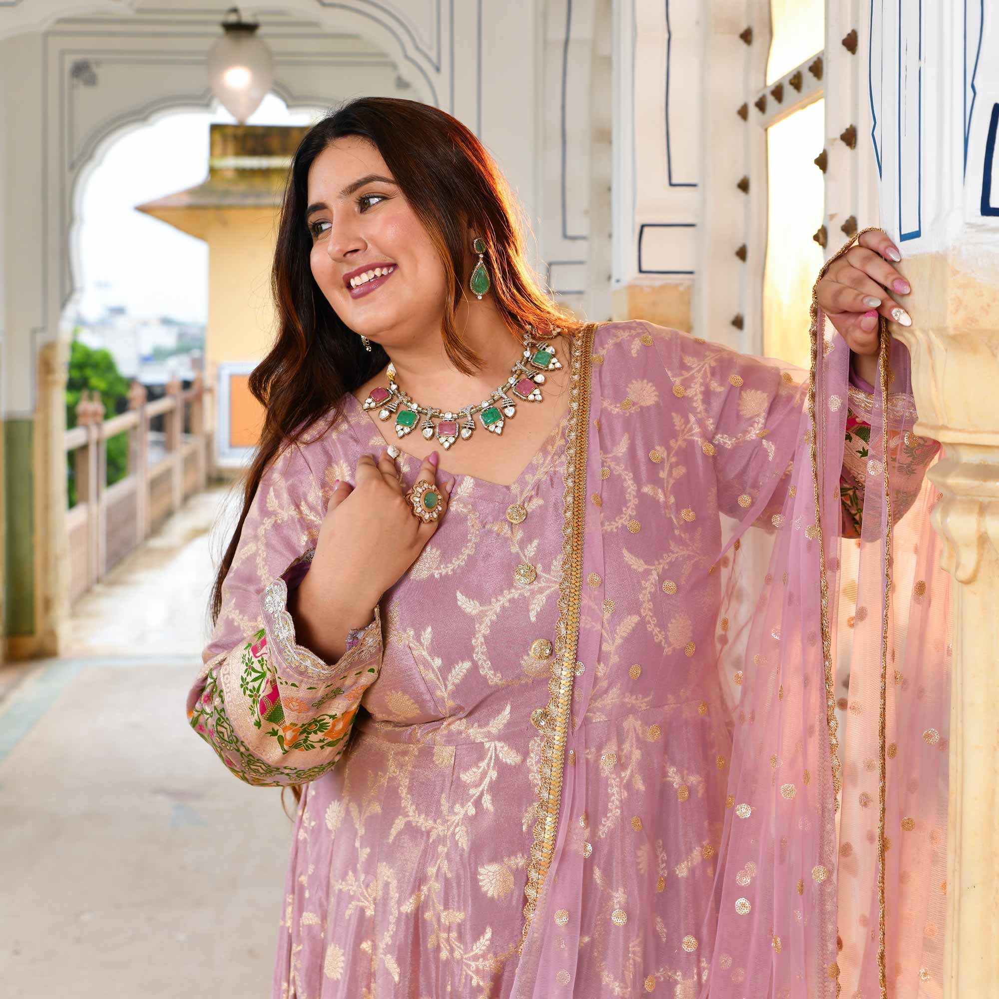 Meher-Lilac Banarasi Tissue Silk Embroidered Anarkali Set