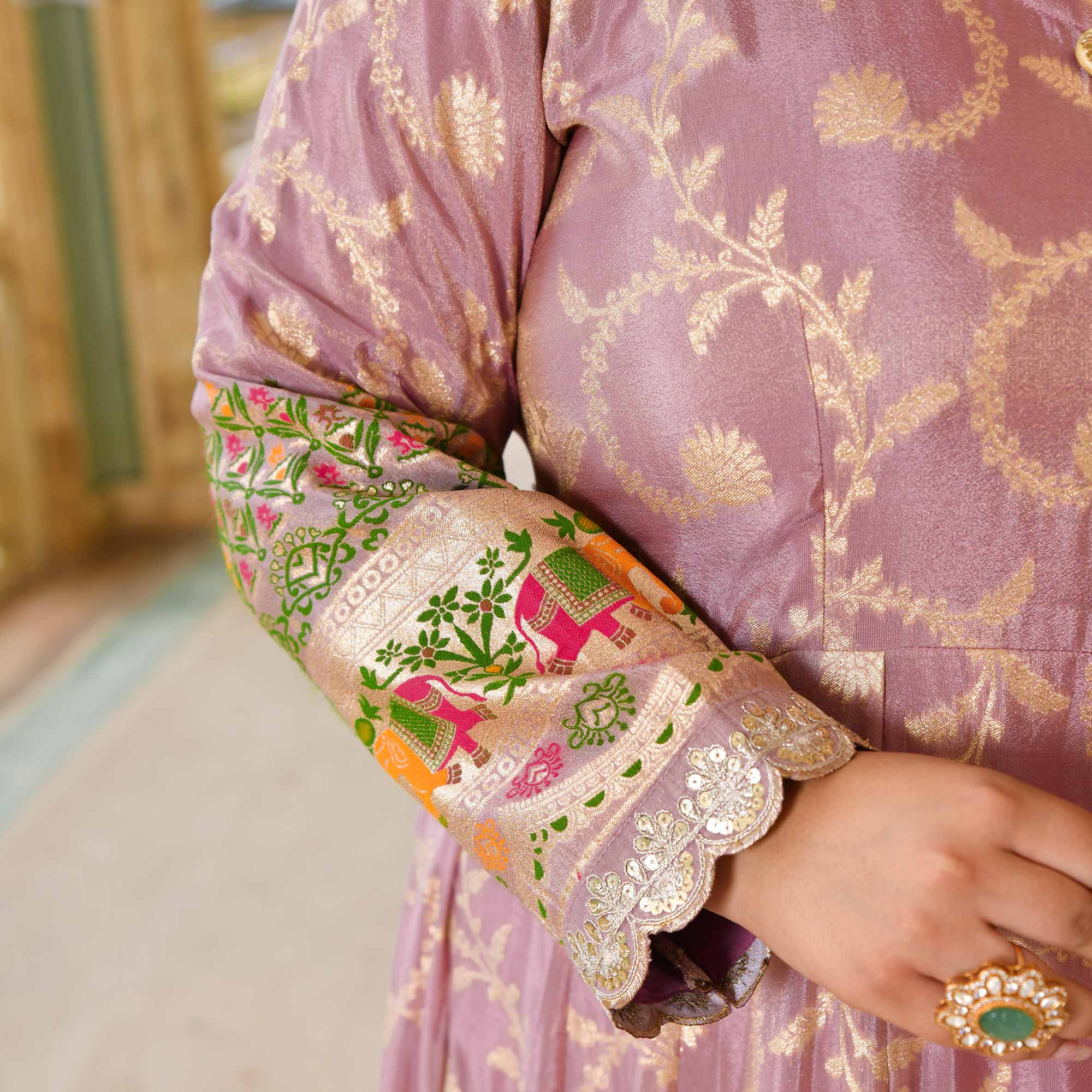 Meher-Lilac Banarasi Tissue Silk Embroidered Anarkali Set