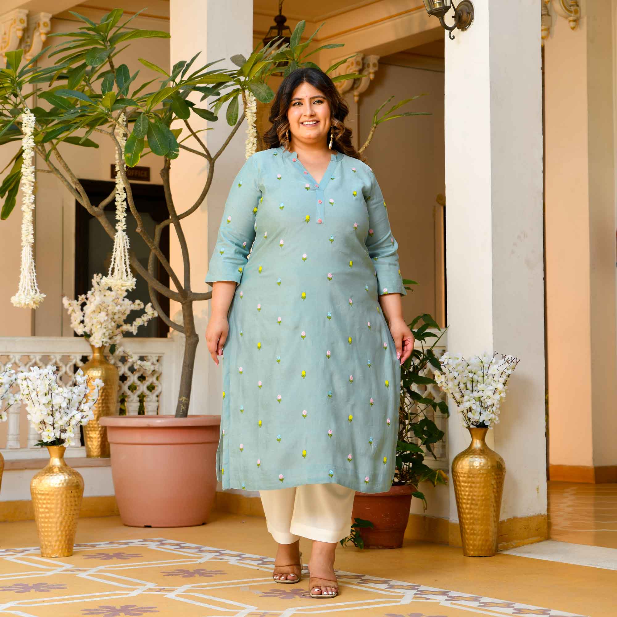Cool Crush- Light Blue Floral Thread Embroidered Mul Chanderi Kurta
