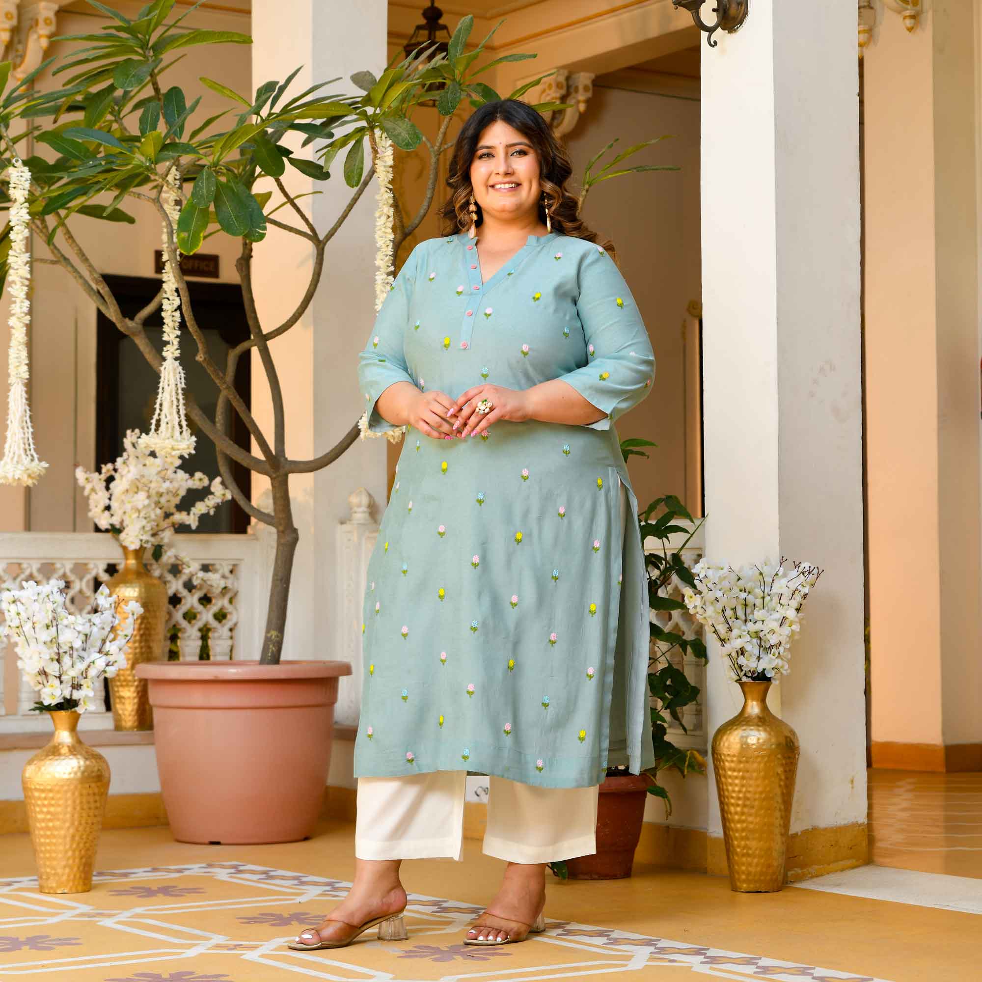 Cool Crush- Light Blue Floral Thread Embroidered Mul Chanderi Kurta