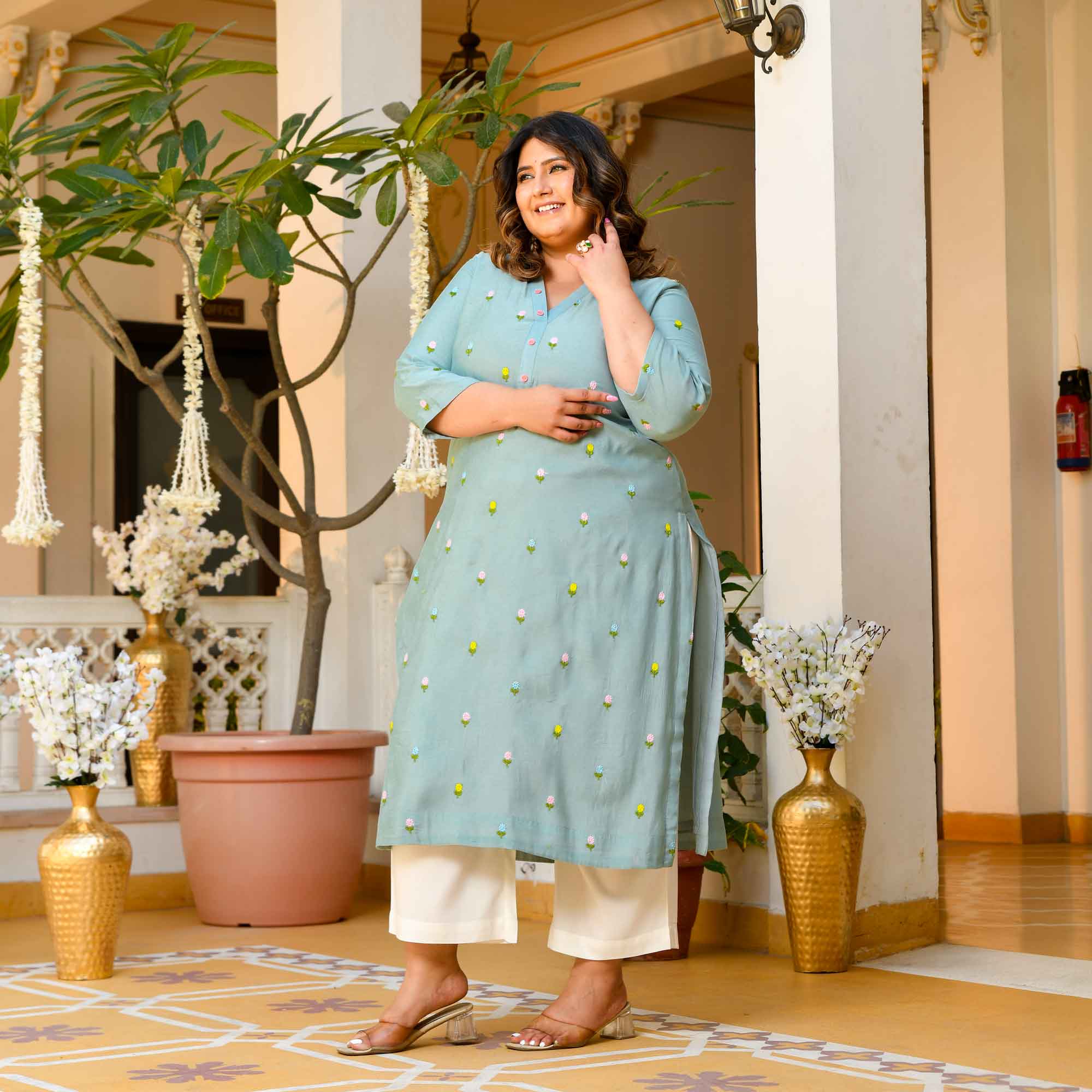 Cool Crush- Light Blue Floral Thread Embroidered Mul Chanderi Kurta