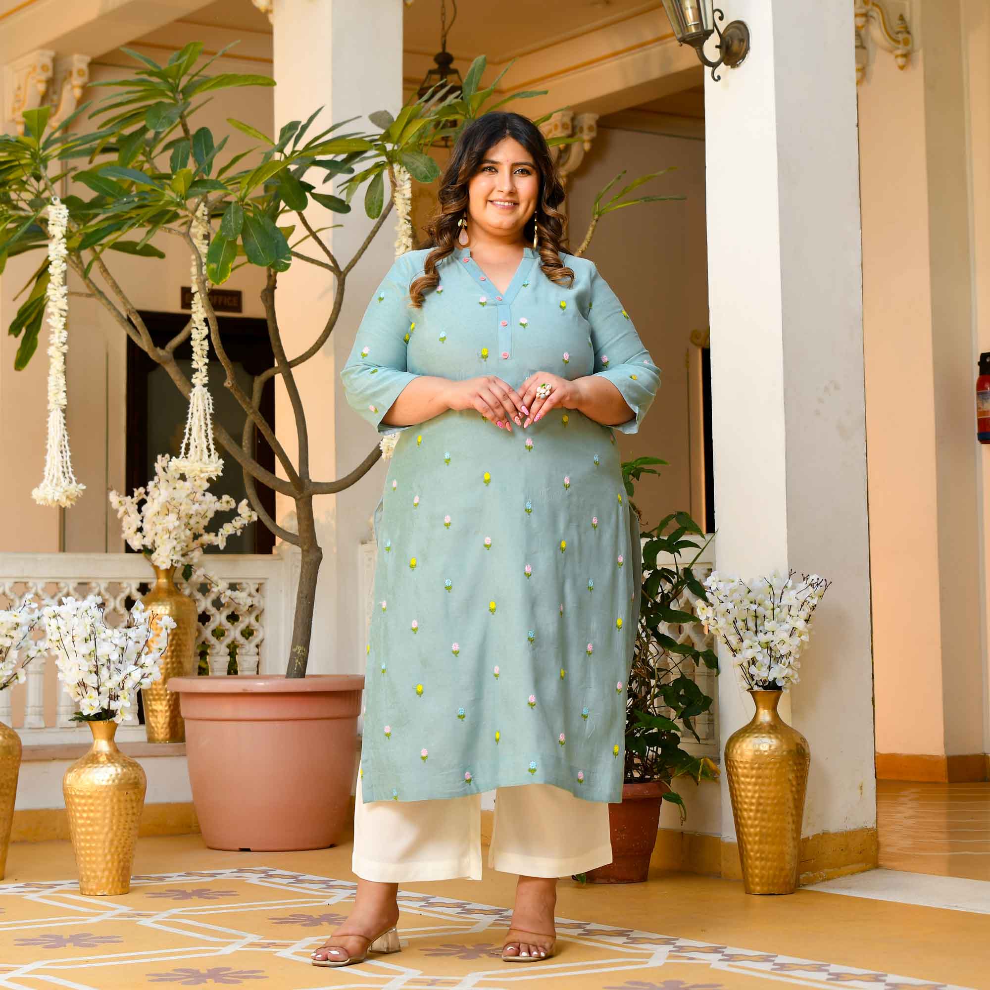Cool Crush- Light Blue Floral Thread Embroidered Mul Chanderi Kurta