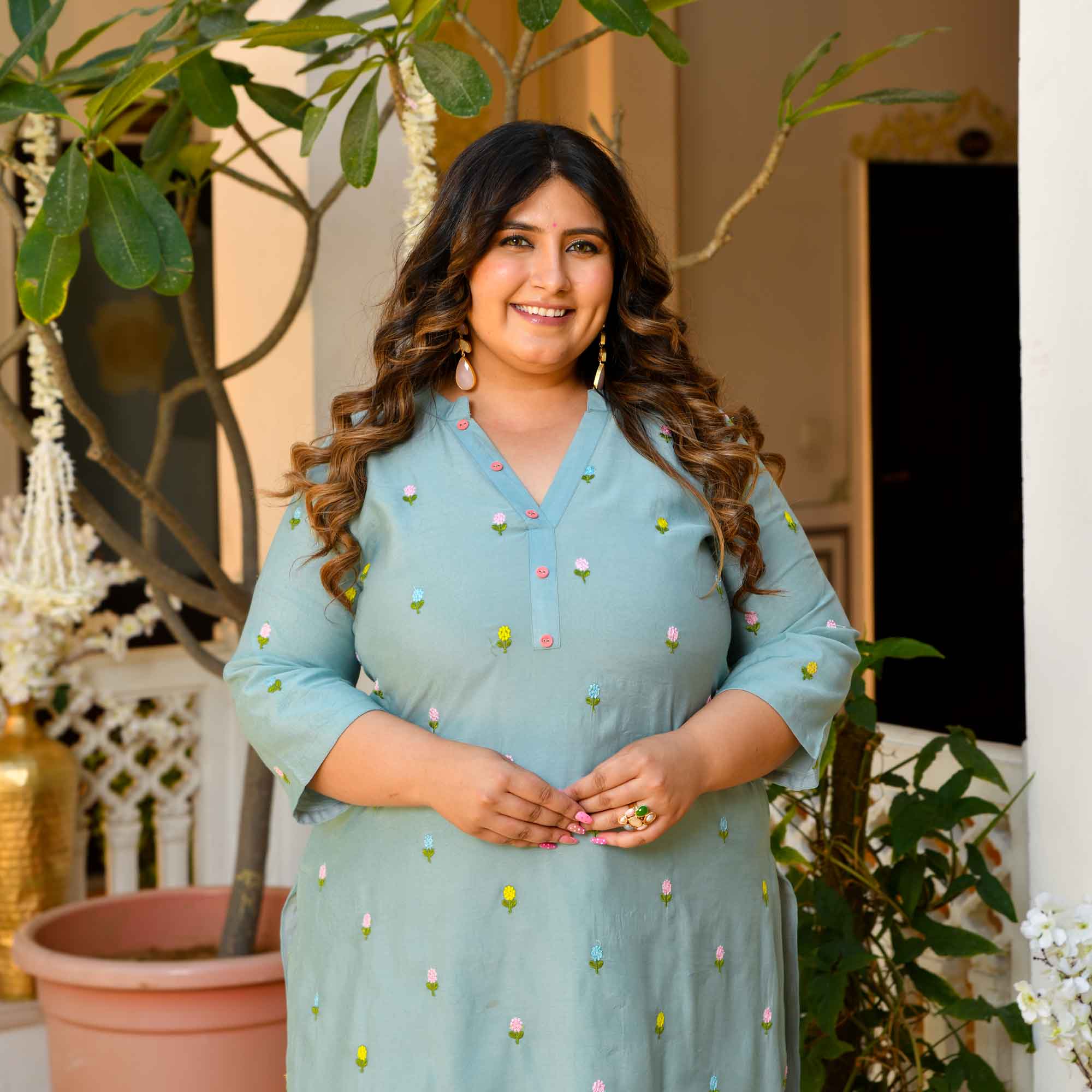 Cool Crush- Light Blue Floral Thread Embroidered Mul Chanderi Kurta