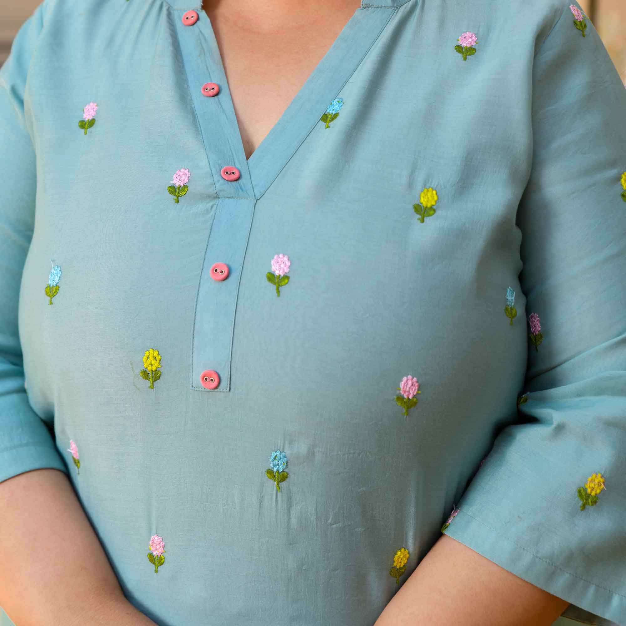 Cool Crush- Light Blue Floral Thread Embroidered Mul Chanderi Kurta