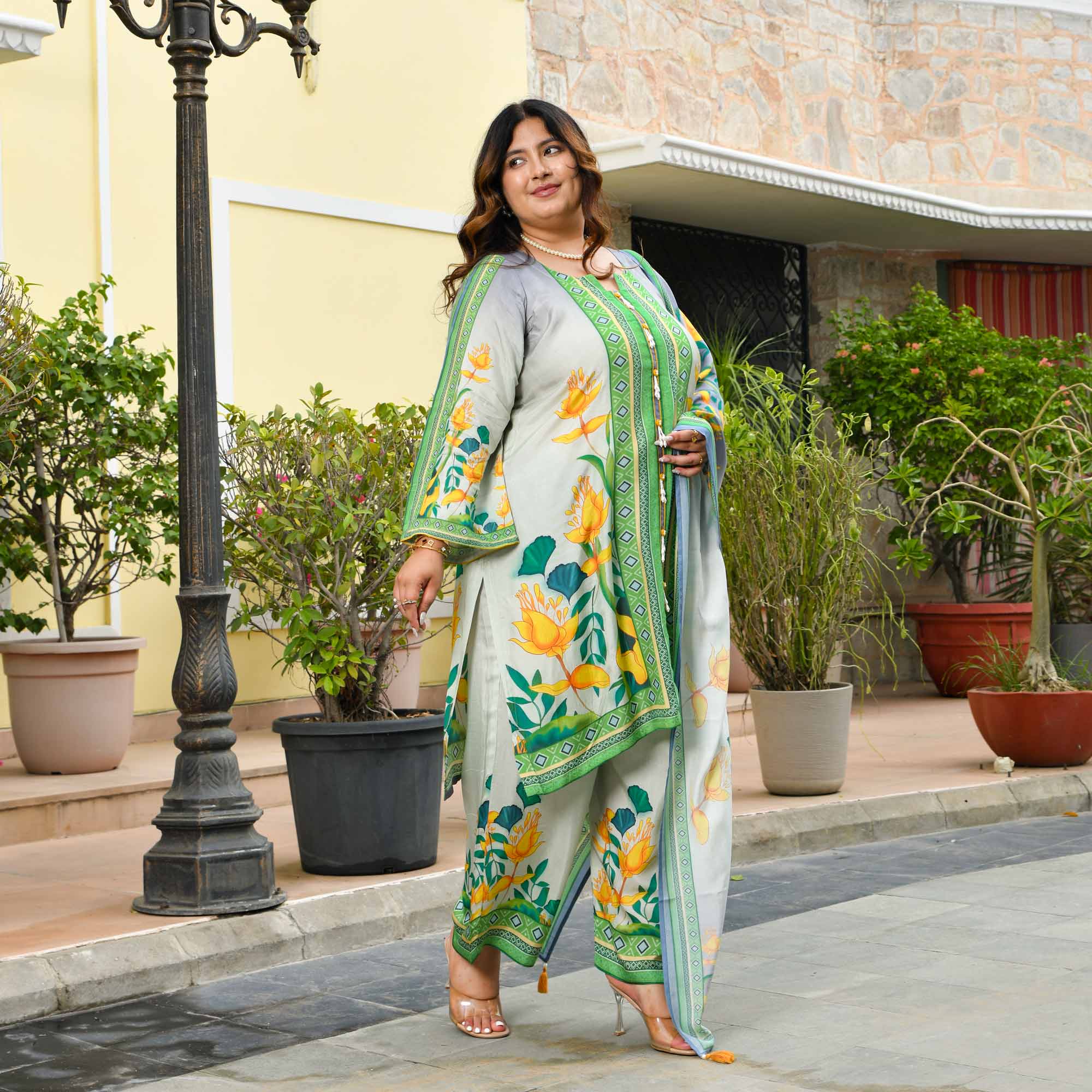 Julie- Grey & Green Floral Pure Muslin Suit Set