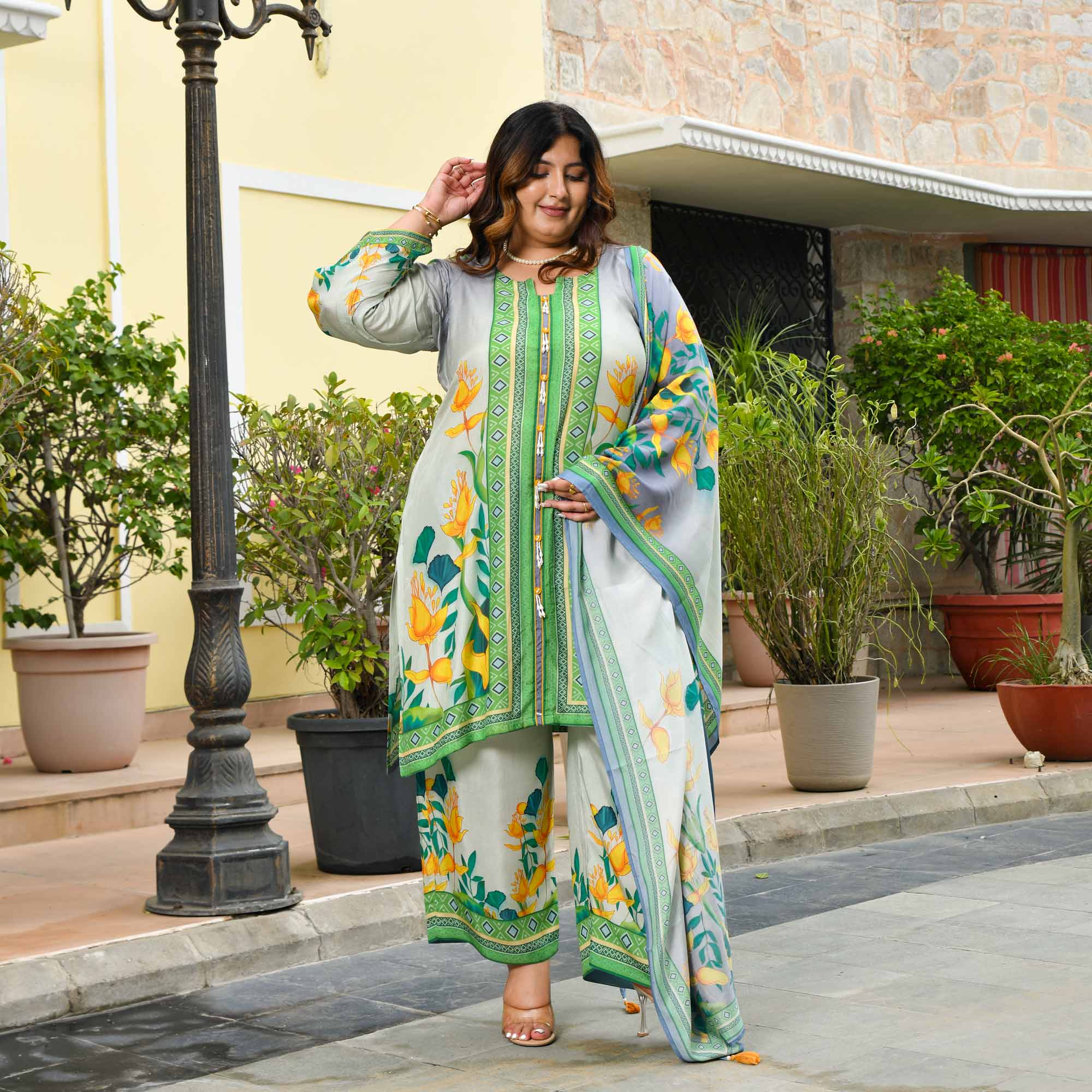 Julie- Grey & Green Floral Pure Muslin Suit Set