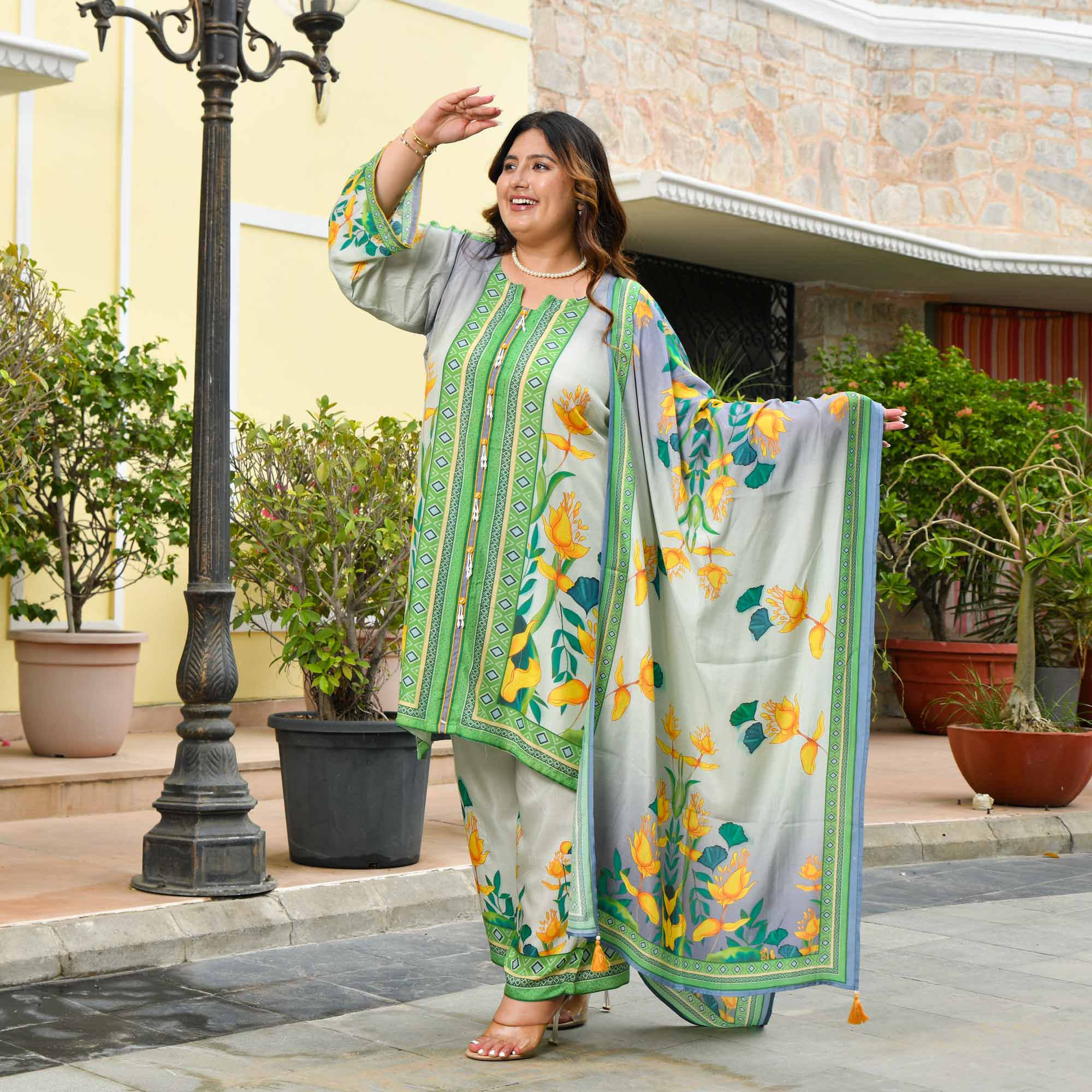 Julie- Grey & Green Floral Pure Muslin Suit Set
