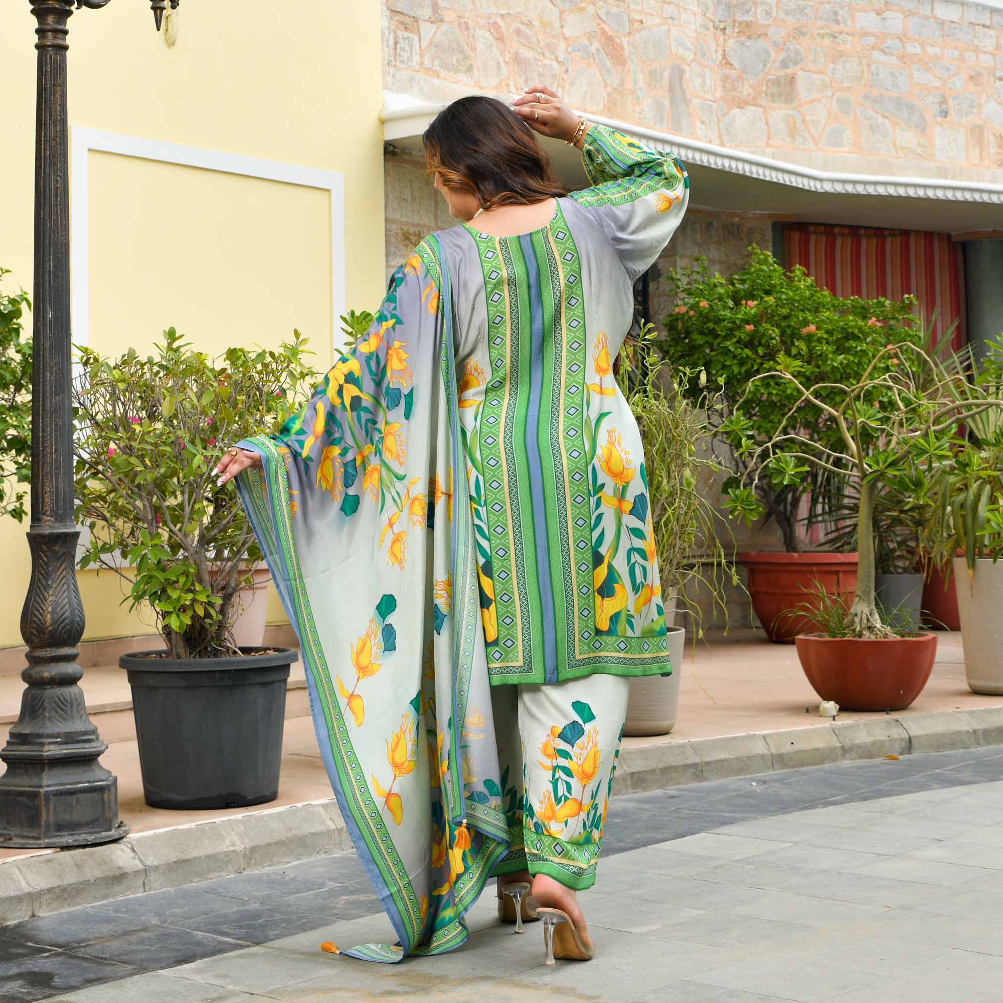 Julie- Grey & Green Floral Pure Muslin Suit Set