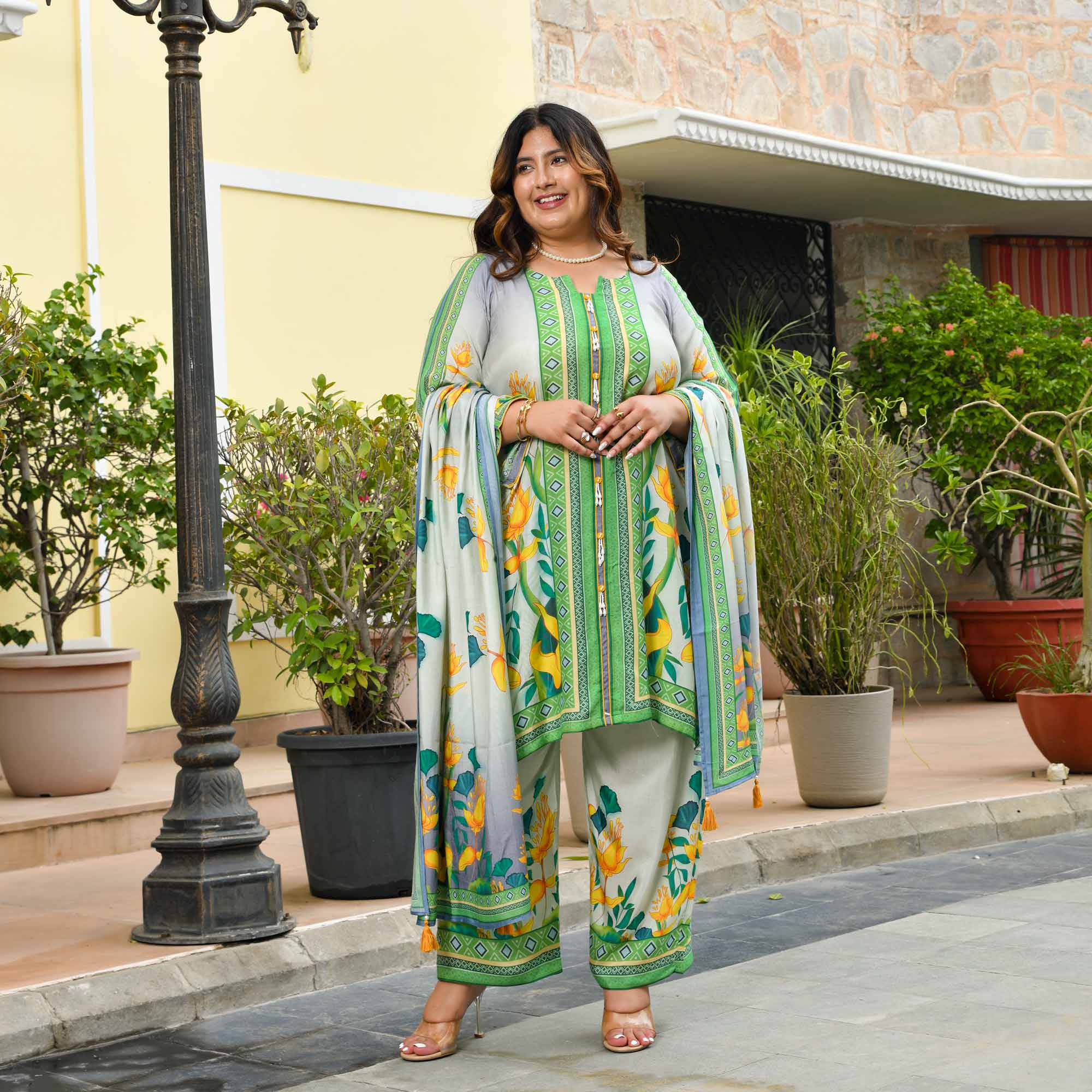 Julie- Grey & Green Floral Pure Muslin Suit Set