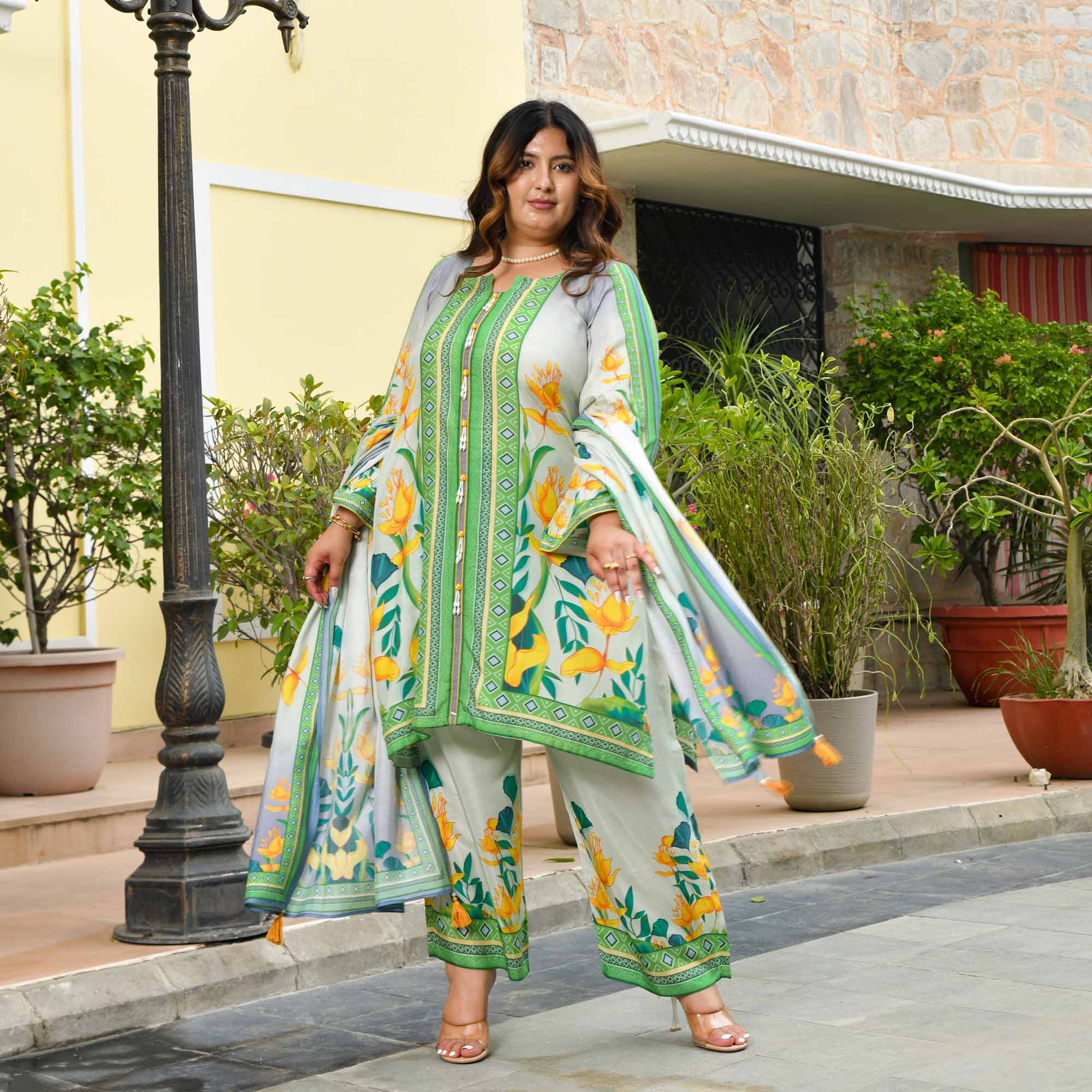 Julie- Grey & Green Floral Pure Muslin Suit Set