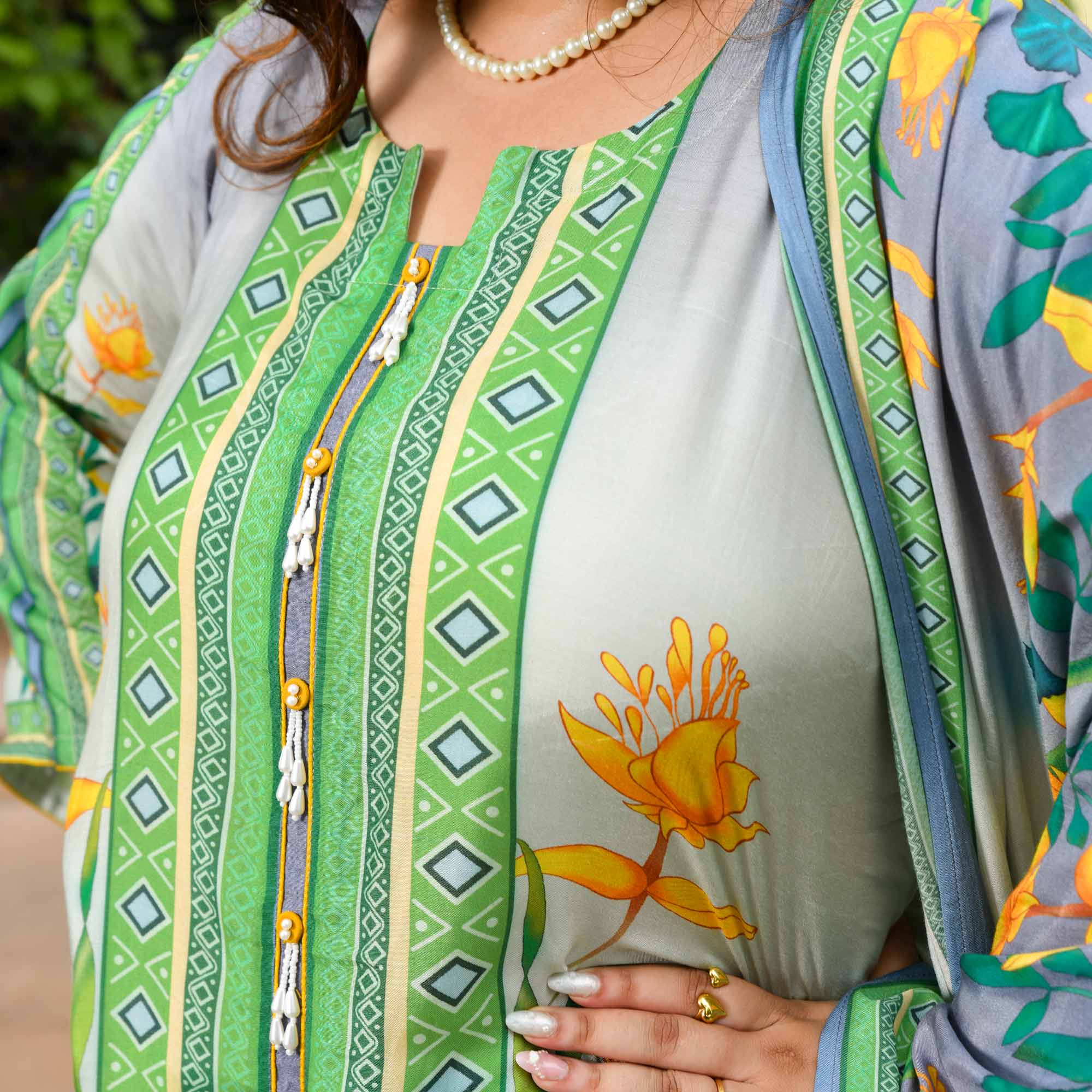 Julie- Grey & Green Floral Pure Muslin Suit Set