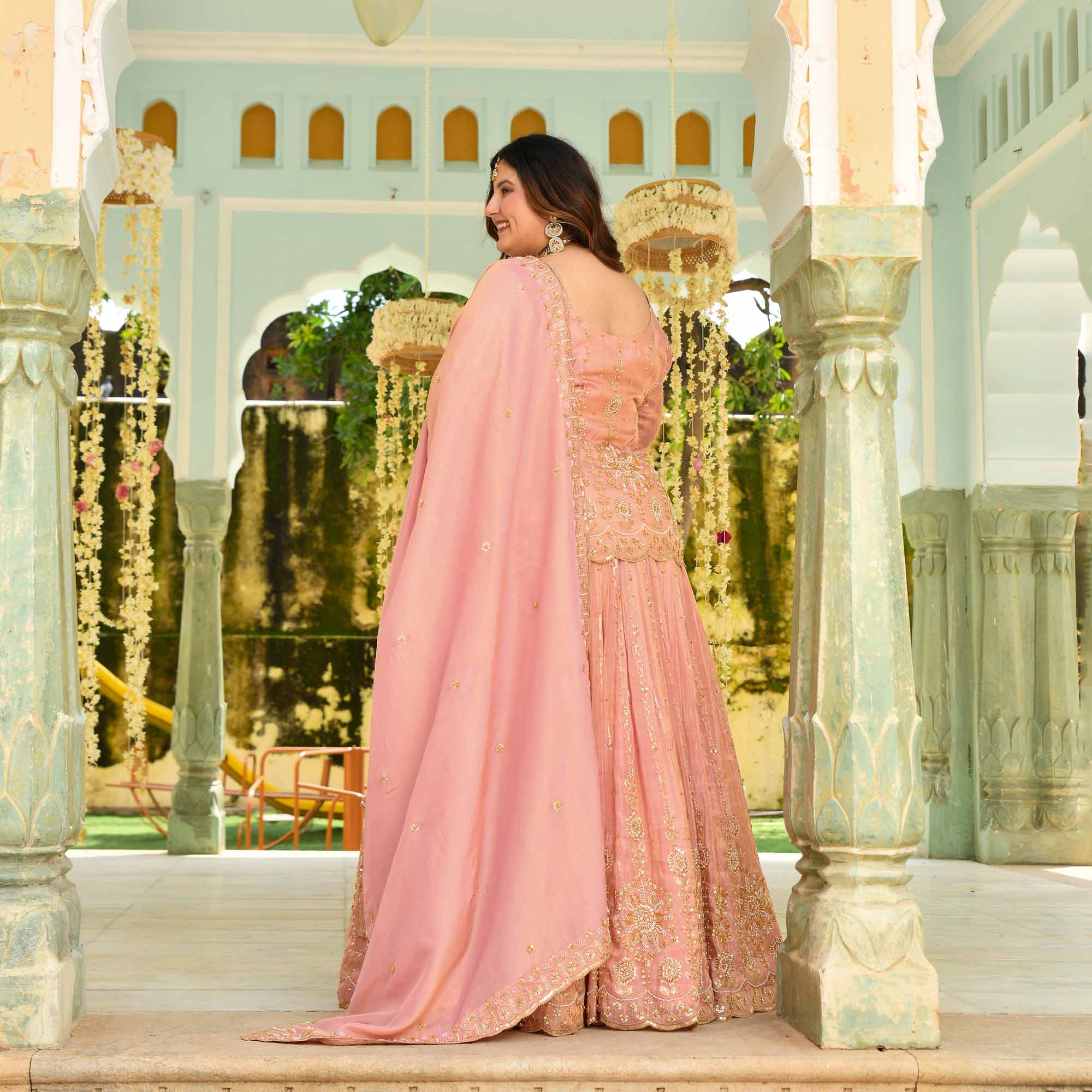 Raabta- Rose Gold Cutdana Embroidered Pure Tissue Silk Lehenga Set