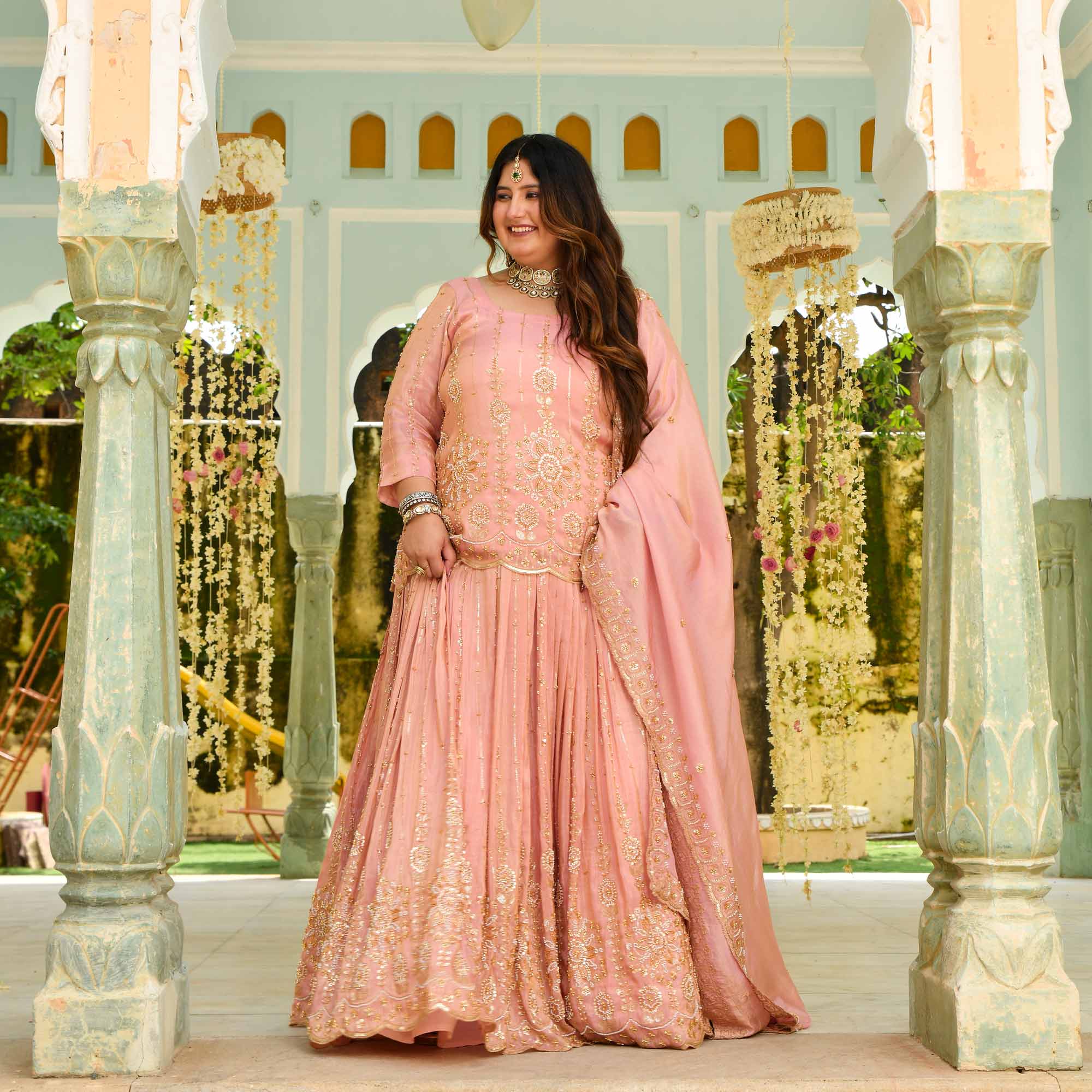Raabta- Rose Gold Cutdana Embroidered Pure Tissue Silk Lehenga Set
