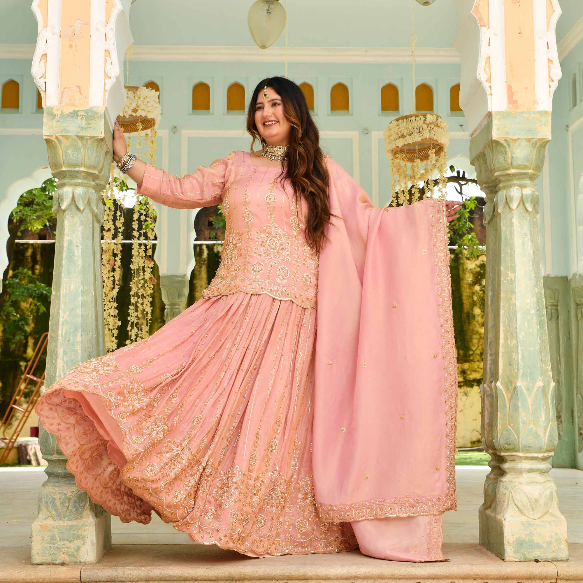 Raabta- Rose Gold Cutdana Embroidered Pure Tissue Silk Lehenga Set
