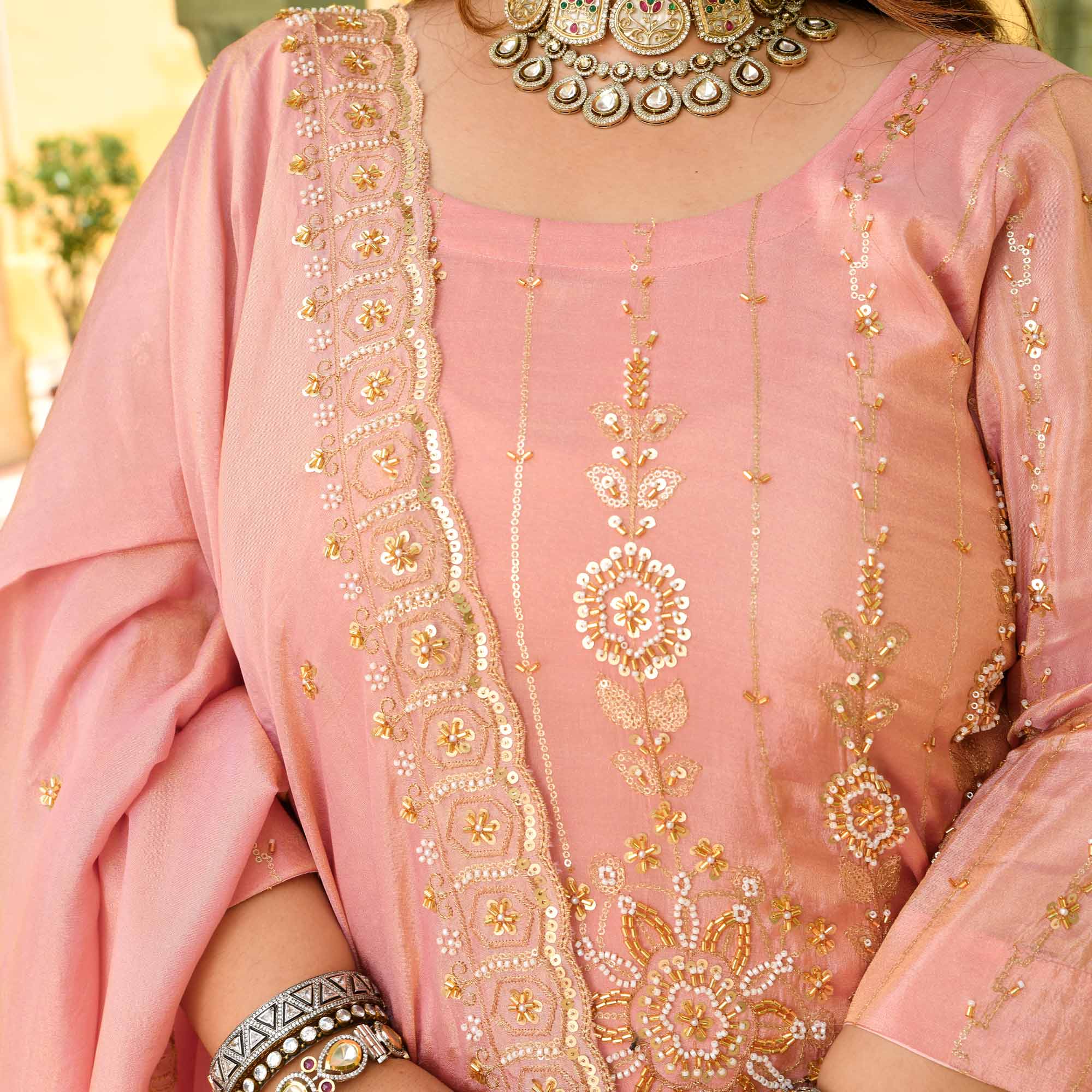 Raabta- Rose Gold Cutdana Embroidered Pure Tissue Silk Lehenga Set
