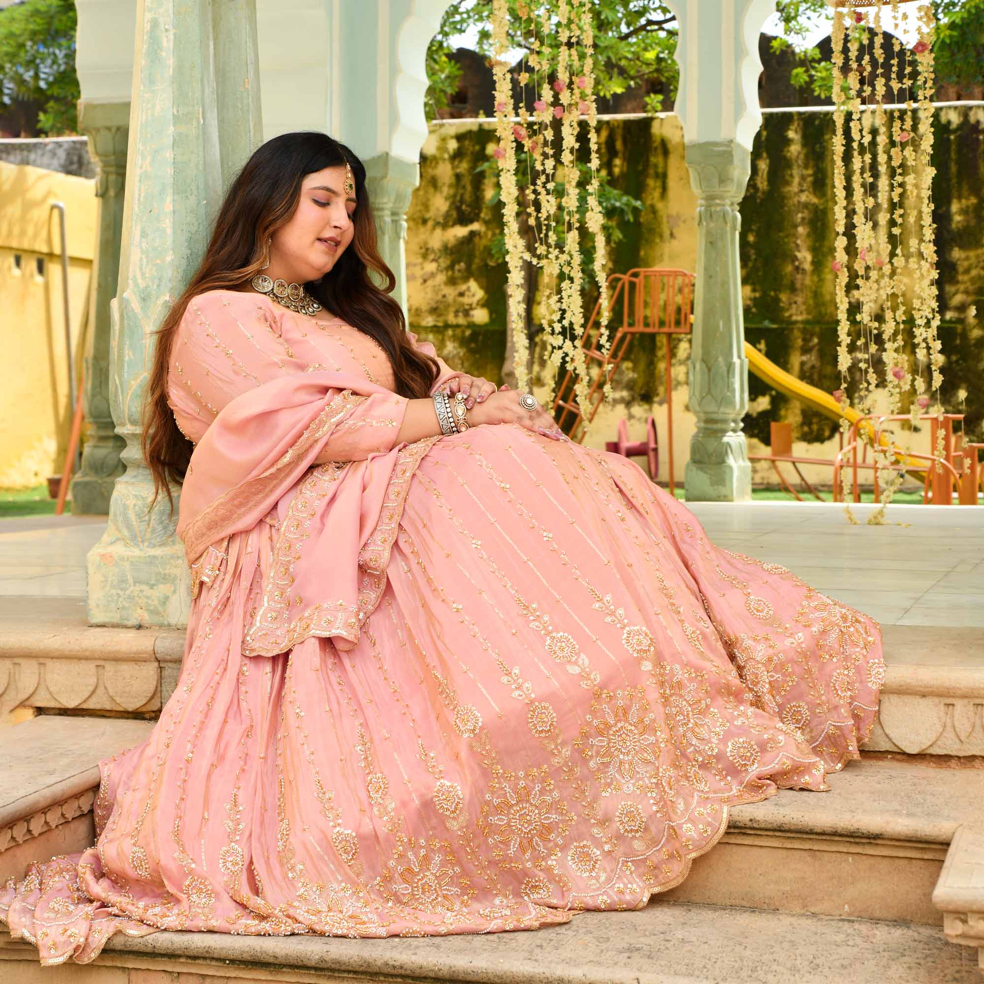 Raabta- Rose Gold Cutdana Embroidered Pure Tissue Silk Lehenga Set