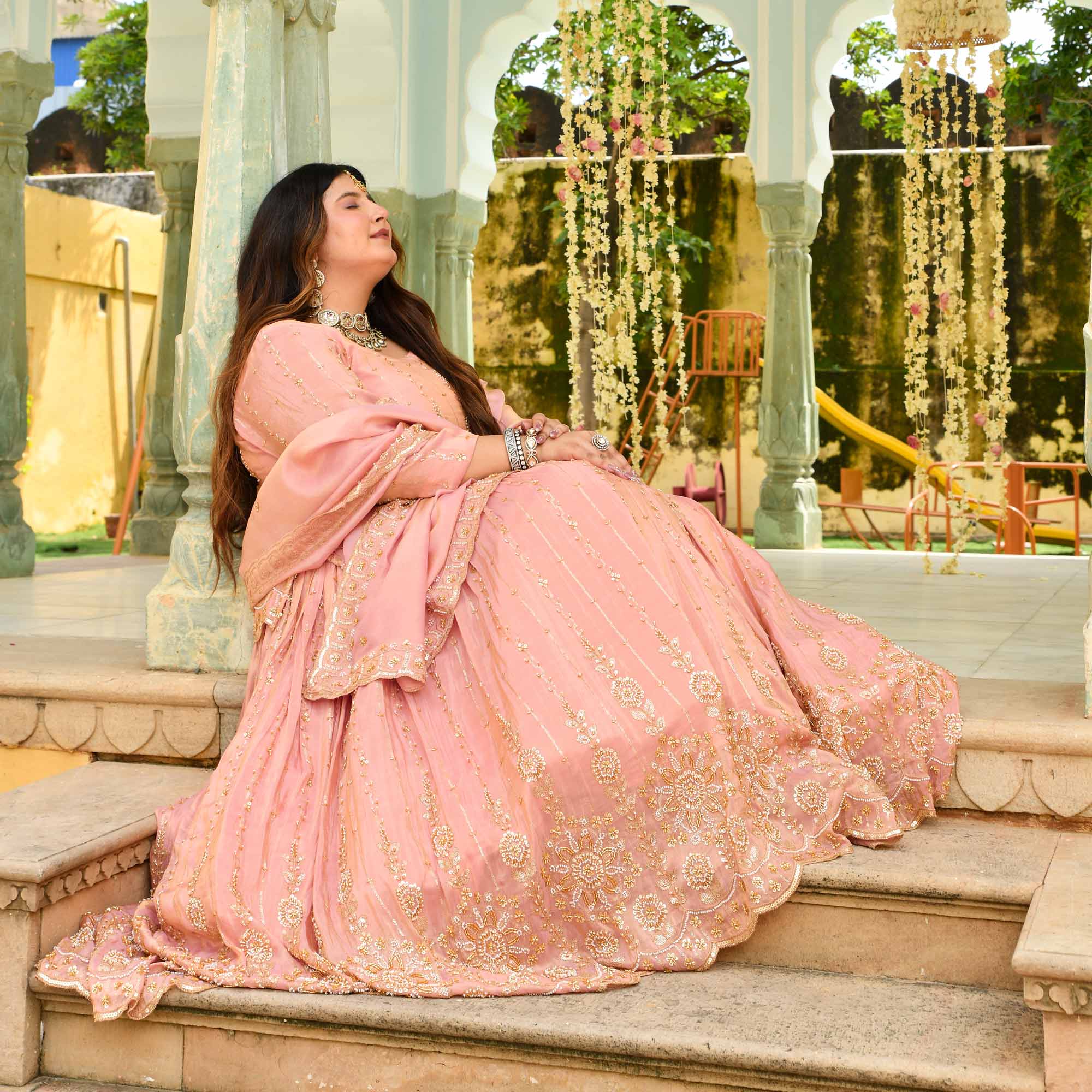 Raabta- Rose Gold Cutdana Embroidered Pure Tissue Silk Lehenga Set