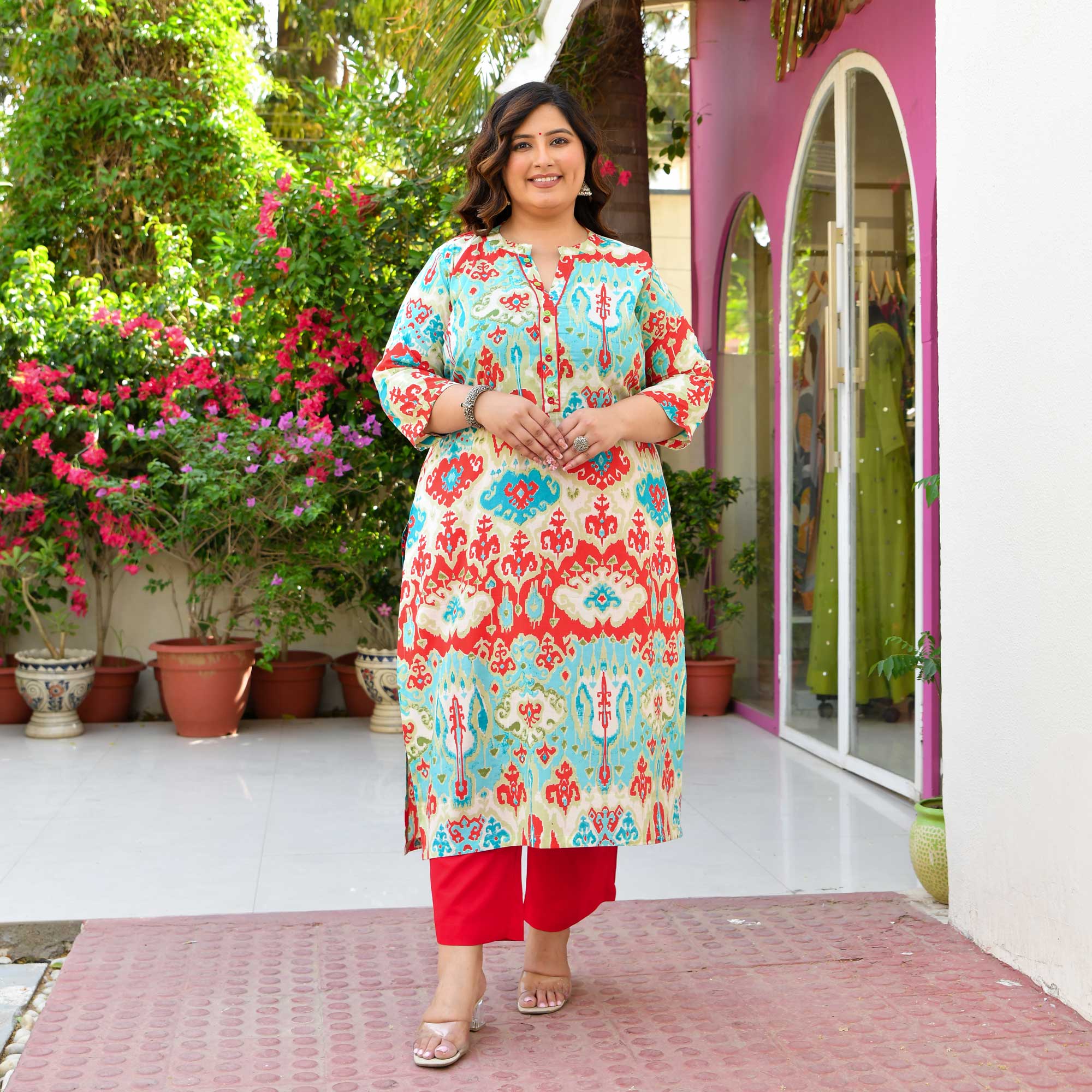 Dragon Fruit- Sky & Red Abstract Printed Pure Cotton Kurta