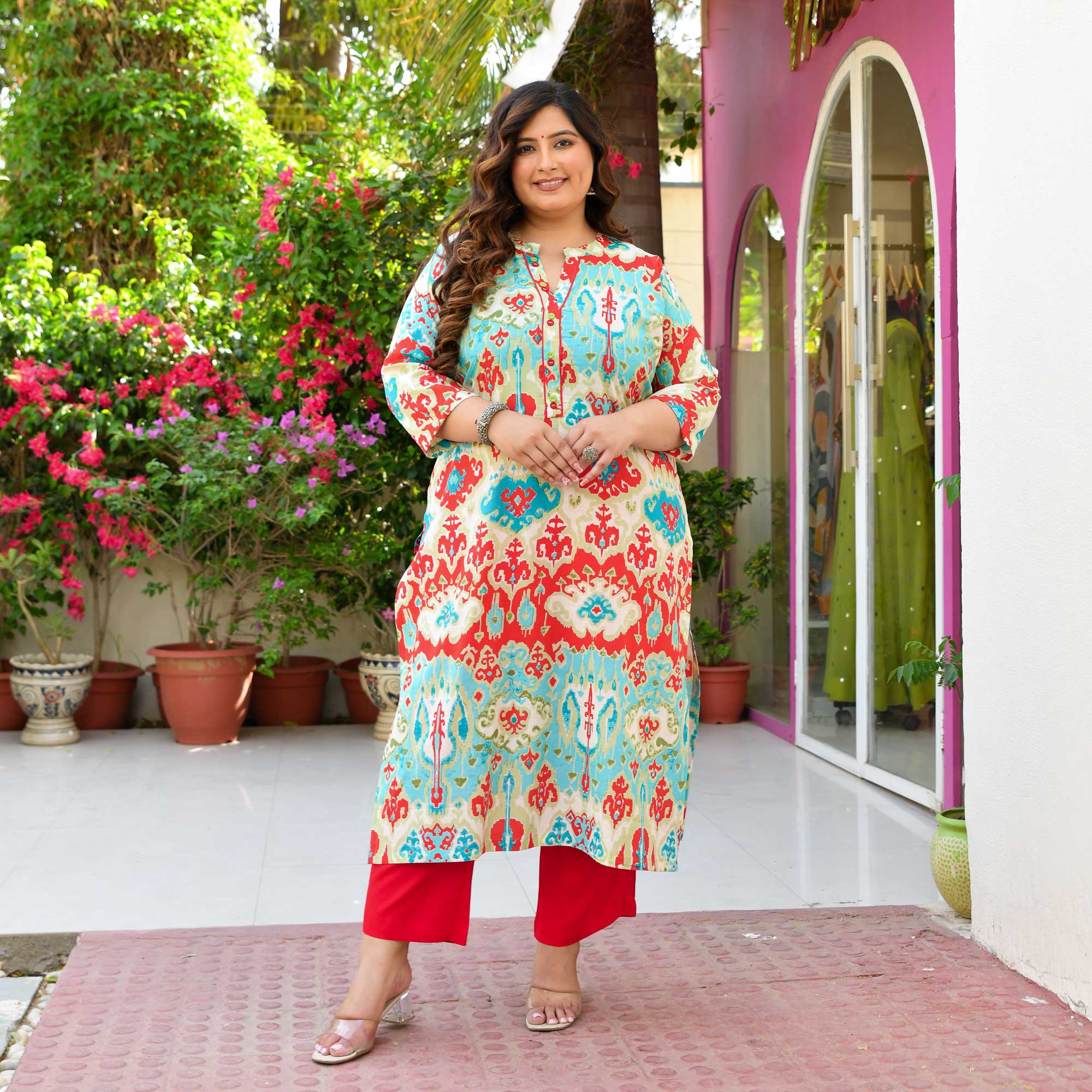 Dragon Fruit- Sky & Red Abstract Printed Pure Cotton Kurta