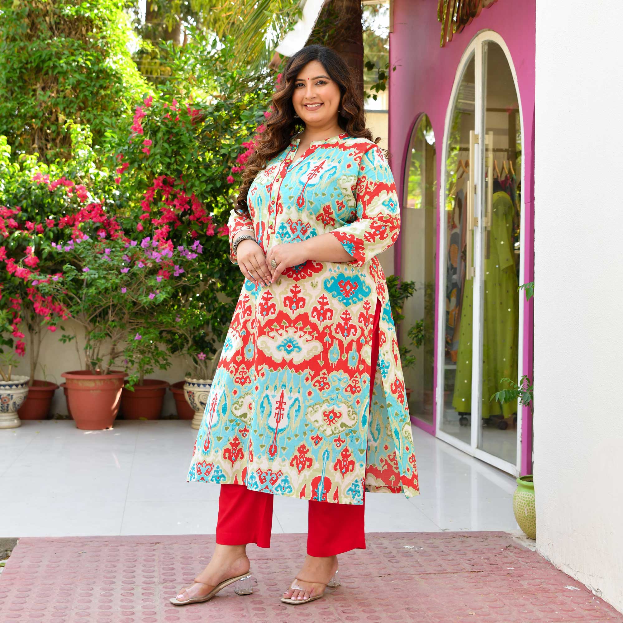 Dragon Fruit- Sky & Red Abstract Printed Pure Cotton Kurta