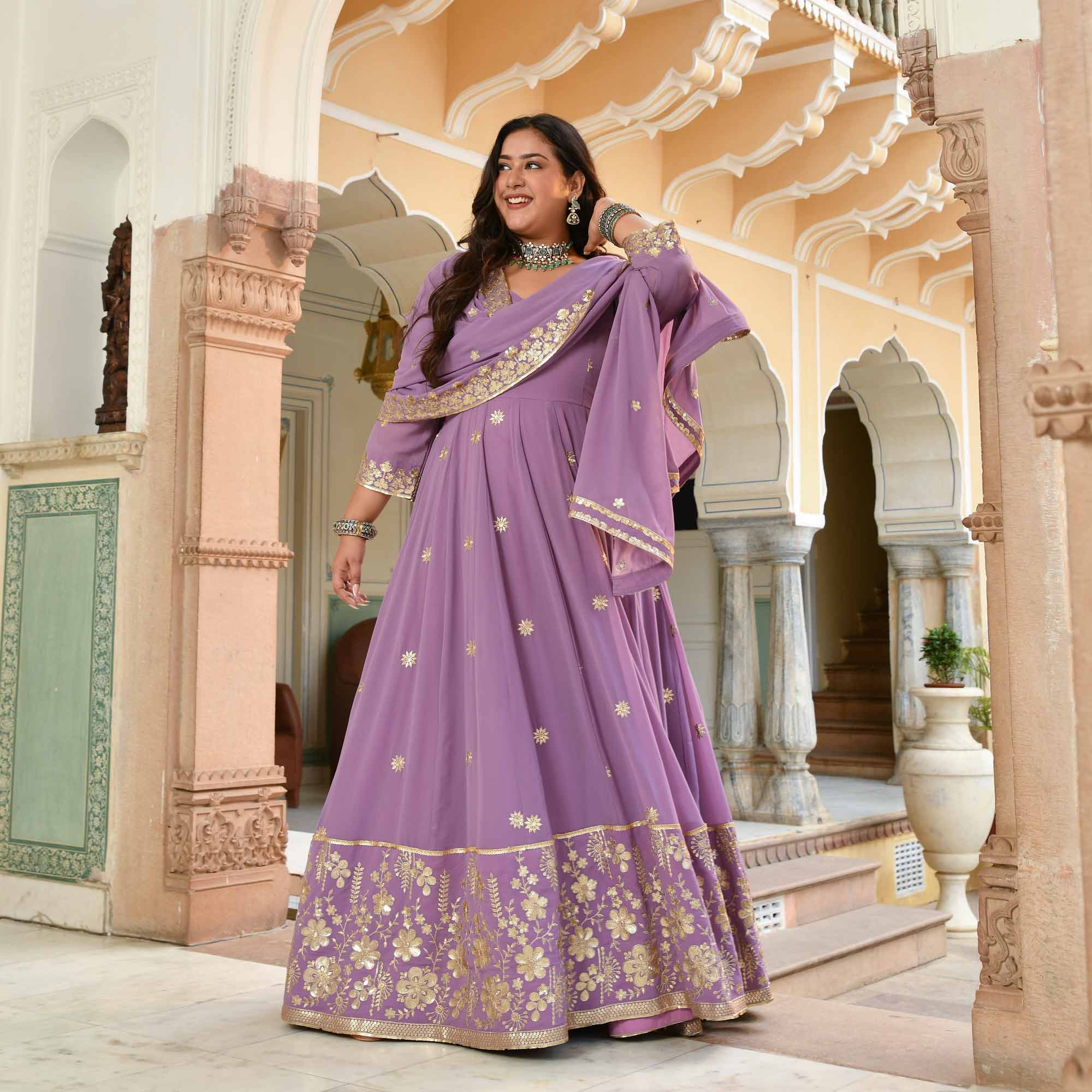 Kaju Katli- Periwrinkle Purple Embroidered Georgette Anarkali Set