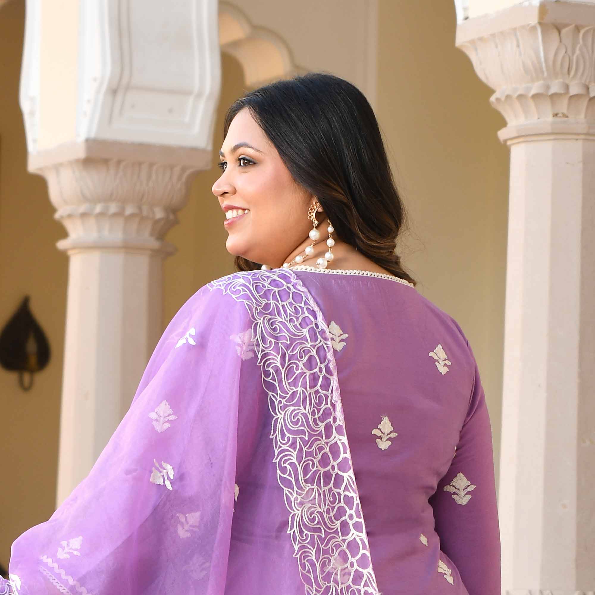 Mulberry- Periwinkle Thread Embroidered Mul Chanderi Anarkali Cape Set